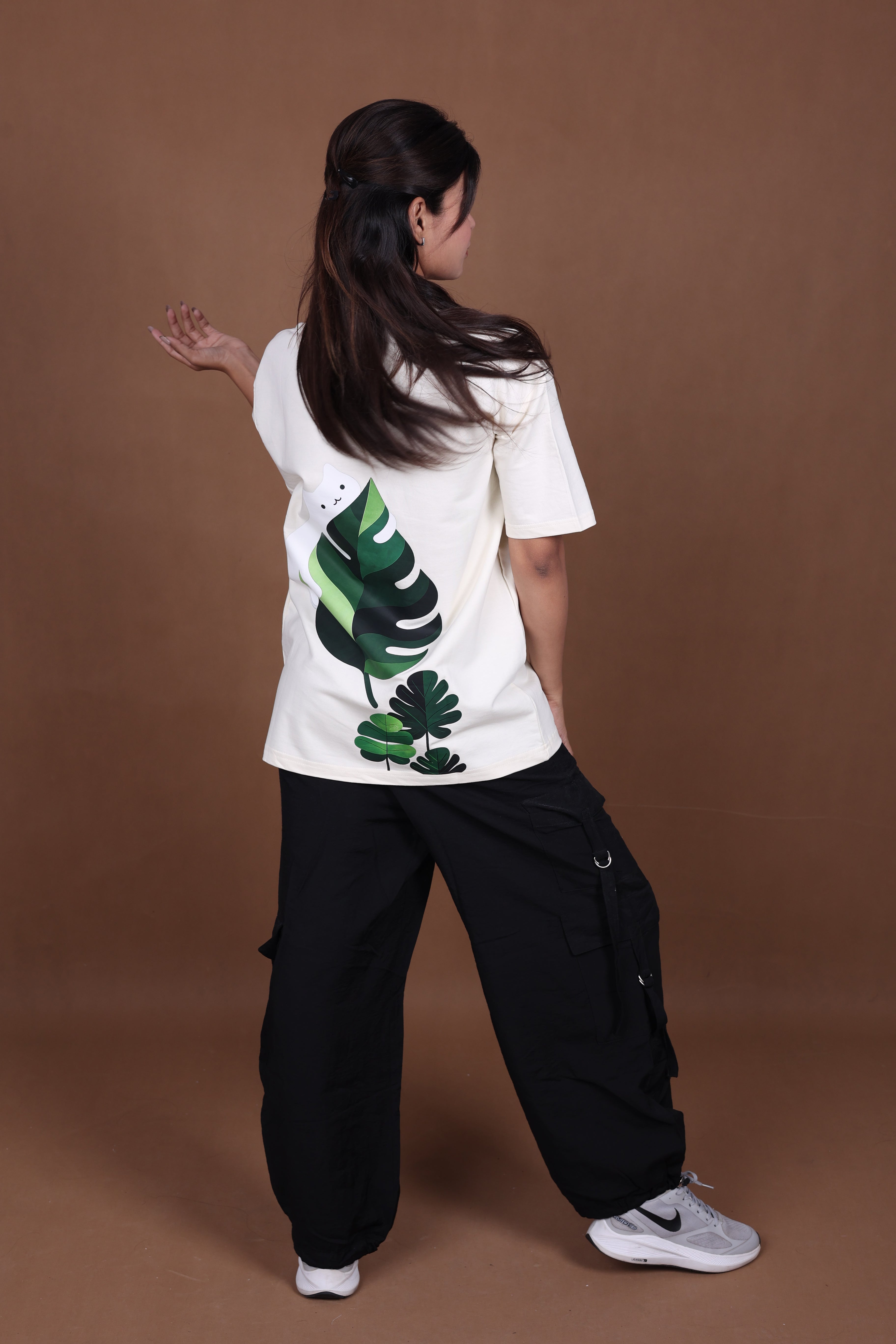 Printed Oversized T-shirt | Cute Cat Leaf Back Print | Off-White T-Shirt