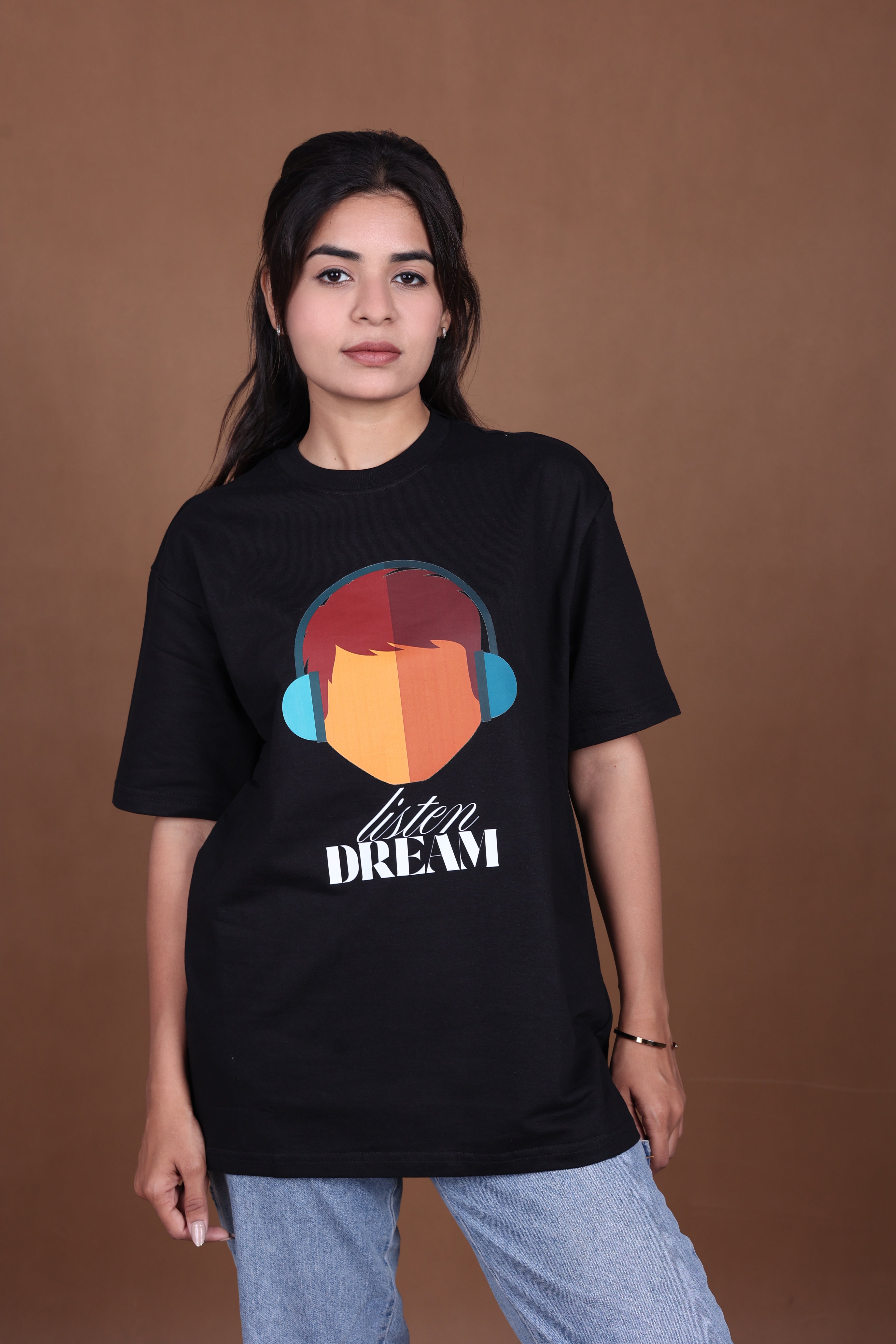 Printed Oversized T-shirt | Trendy Listen Dream Quote Graphic Streetwear | Black T-Shirt