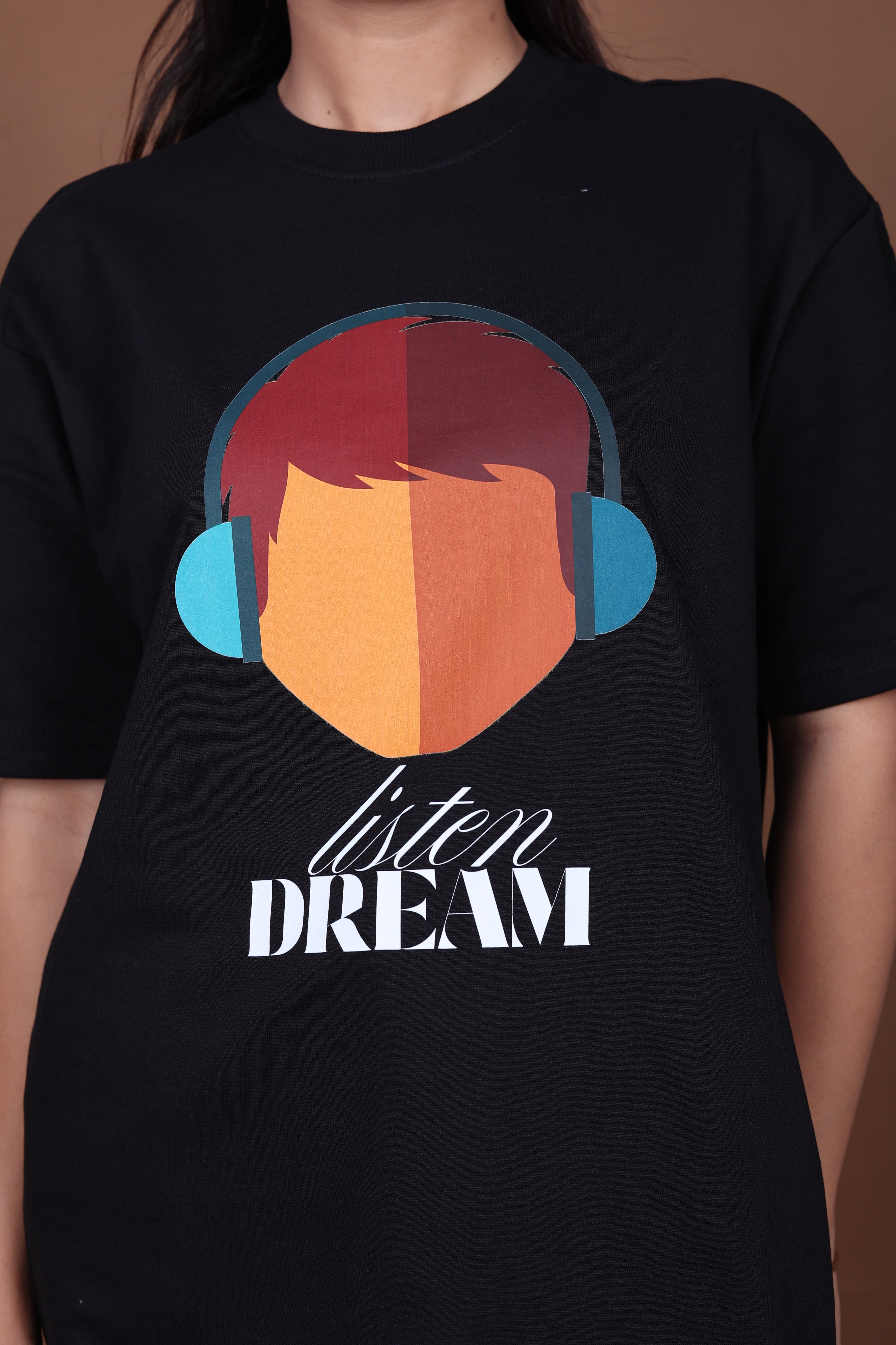 Printed Oversized T-shirt | Trendy Listen Dream Quote Graphic Streetwear | Black T-Shirt