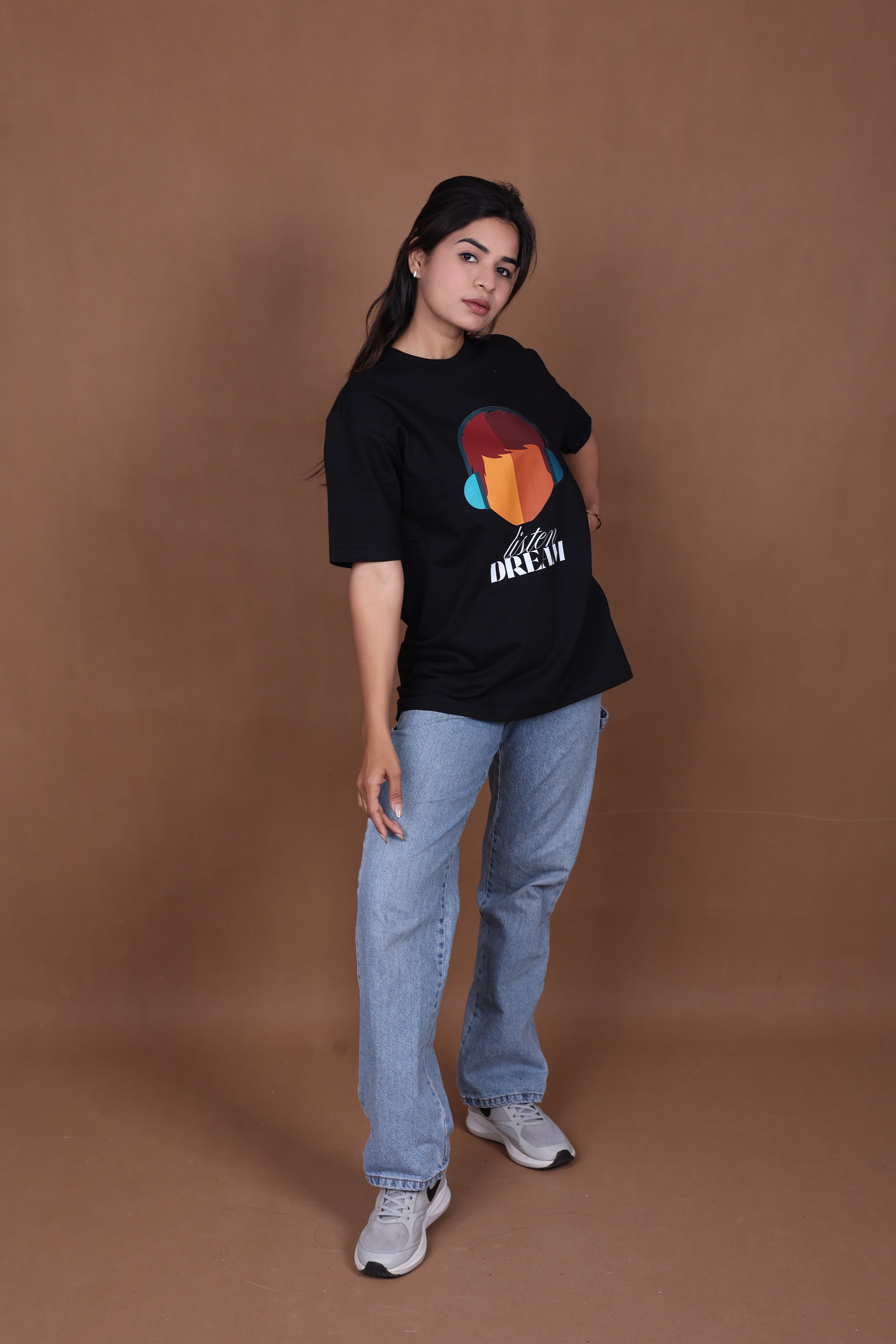 Printed Oversized T-shirt | Trendy Listen Dream Quote Graphic Streetwear | Black T-Shirt
