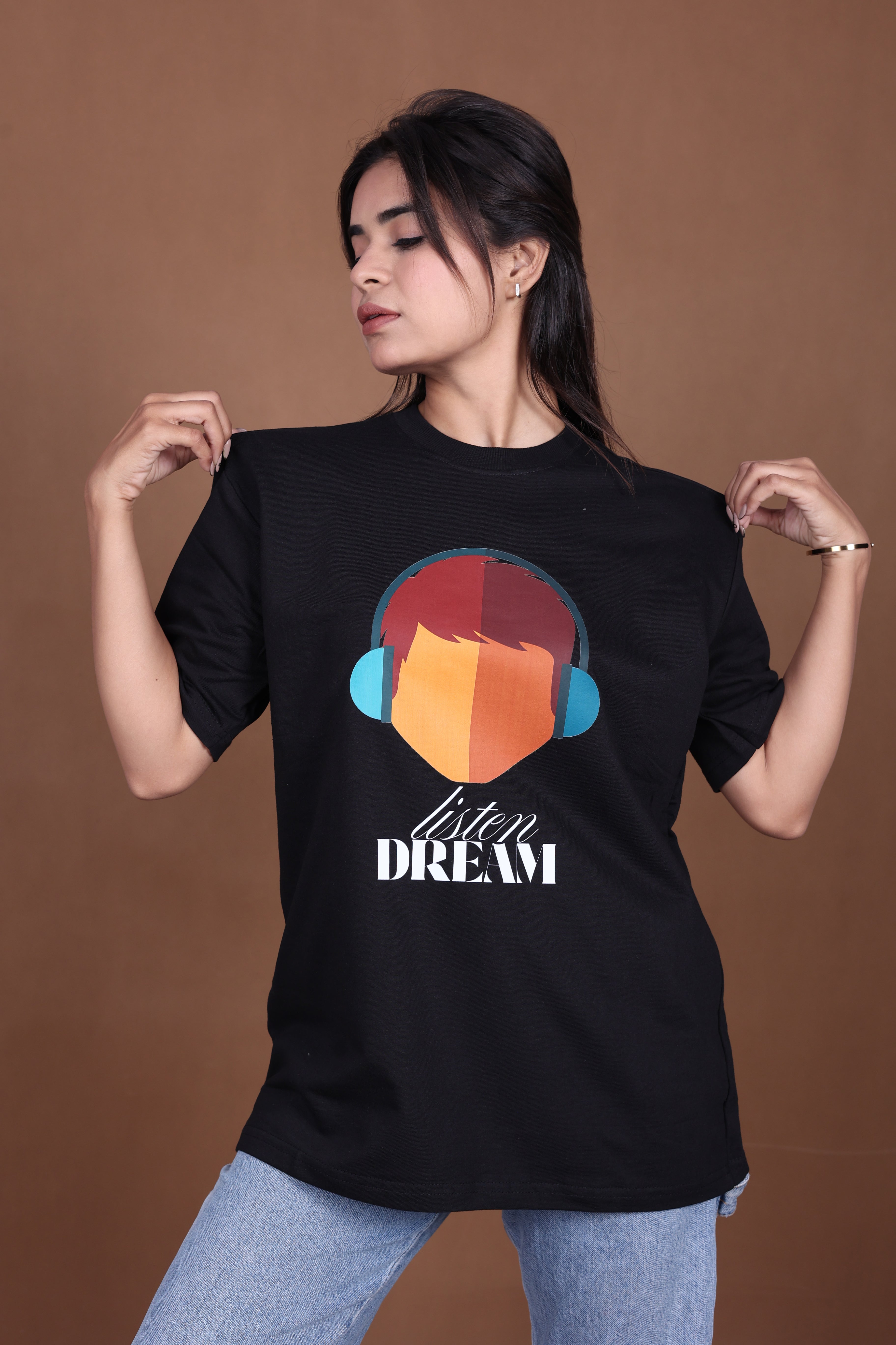Printed Oversized T-shirt | Trendy Listen Dream Quote Graphic Streetwear | Black T-Shirt