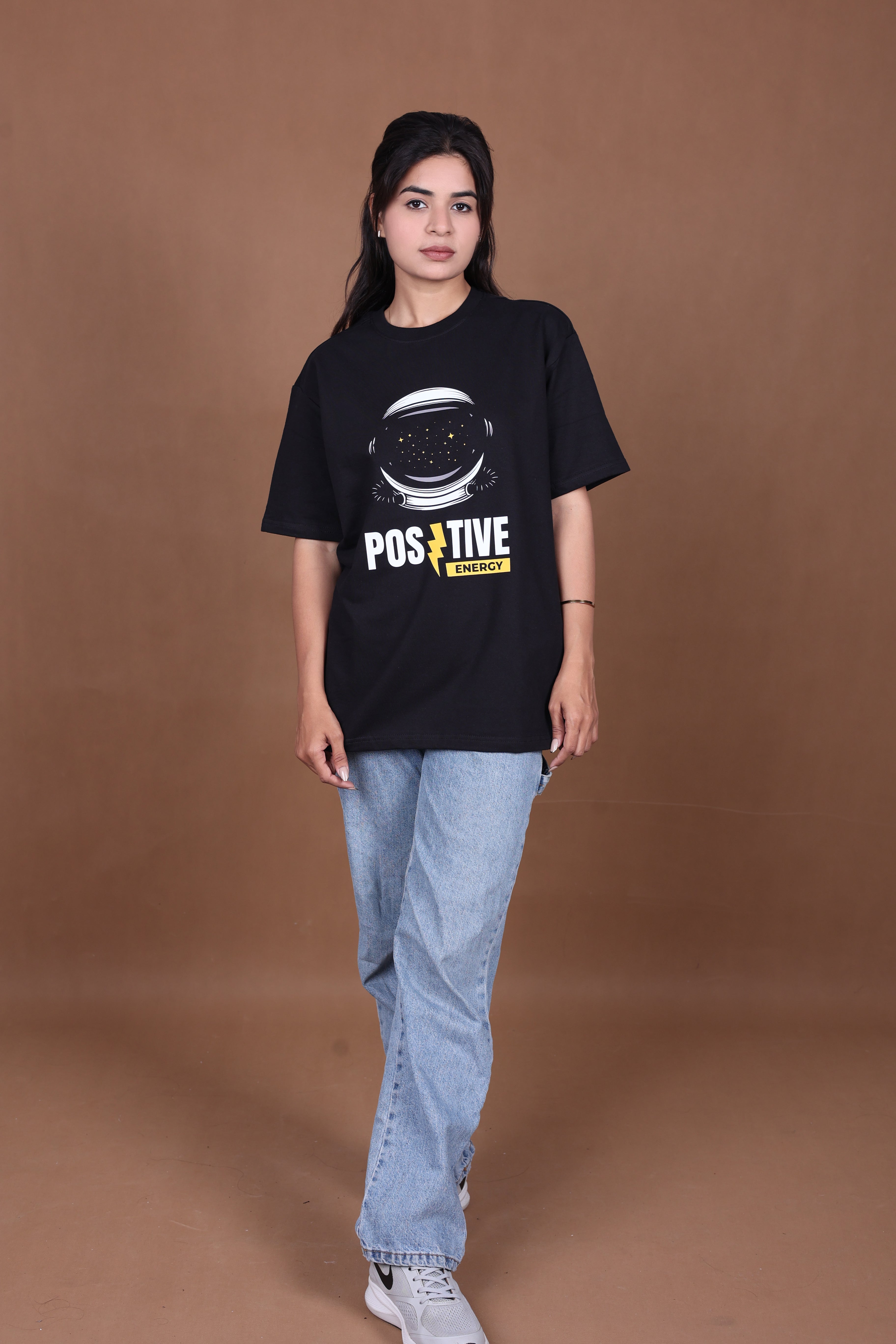 Printed Oversized T-shirt | Positive Energy Astronaut Graphic | Black T-Shirt