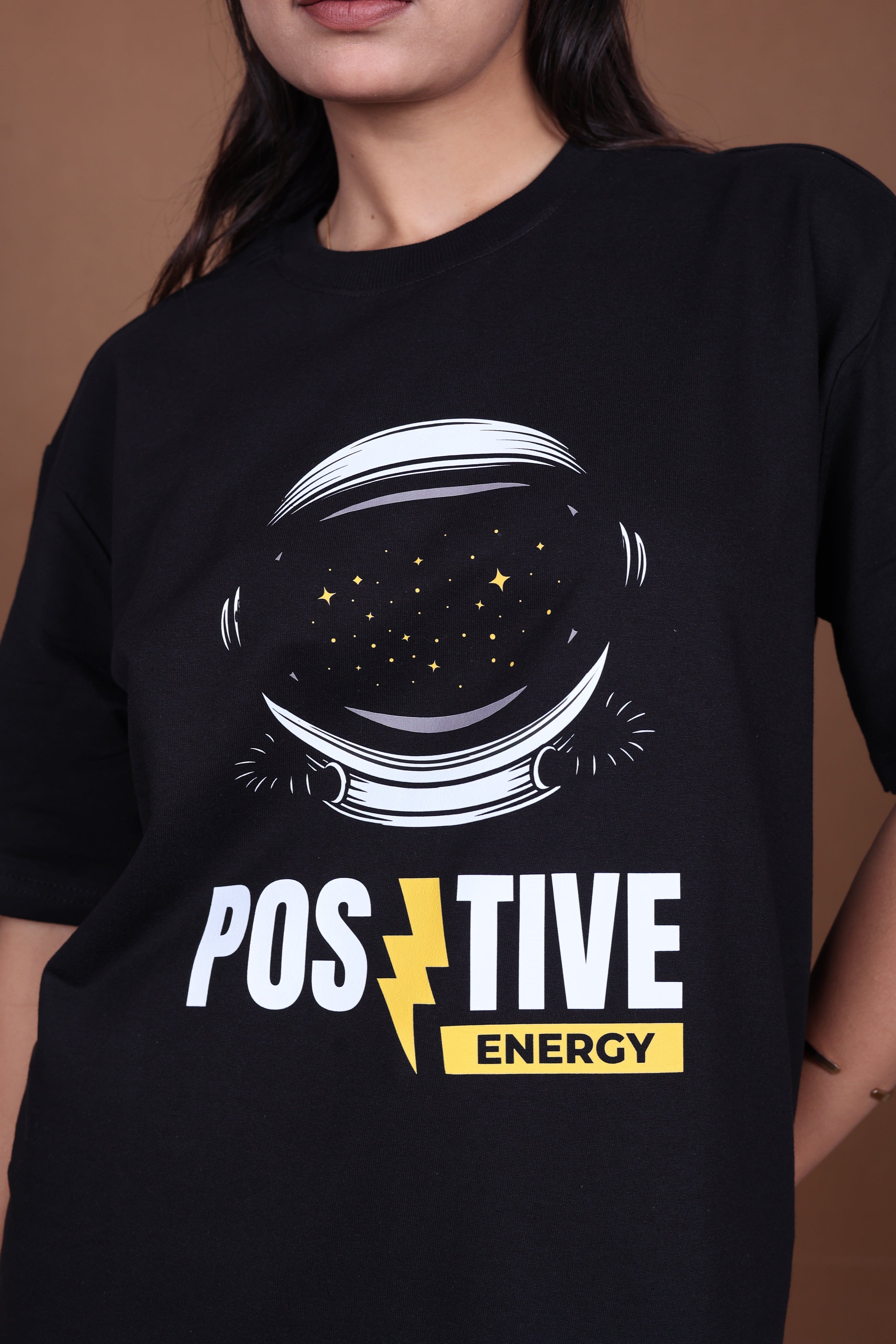 Printed Oversized T-shirt | Positive Energy Astronaut Graphic | Black T-Shirt