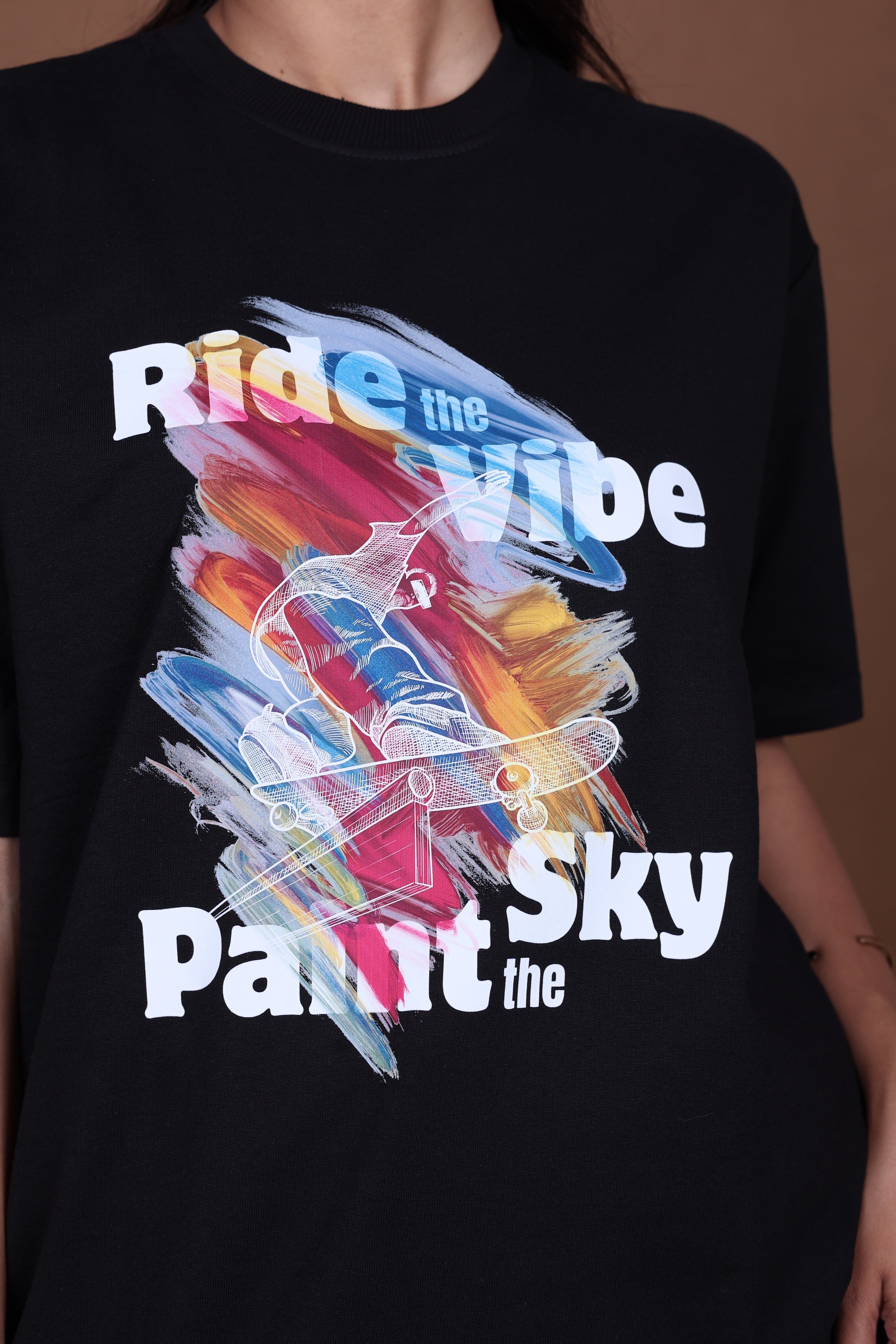Printed Oversized T-shirt | Ride The Vibe Skate Graphic | Black T-Shirt