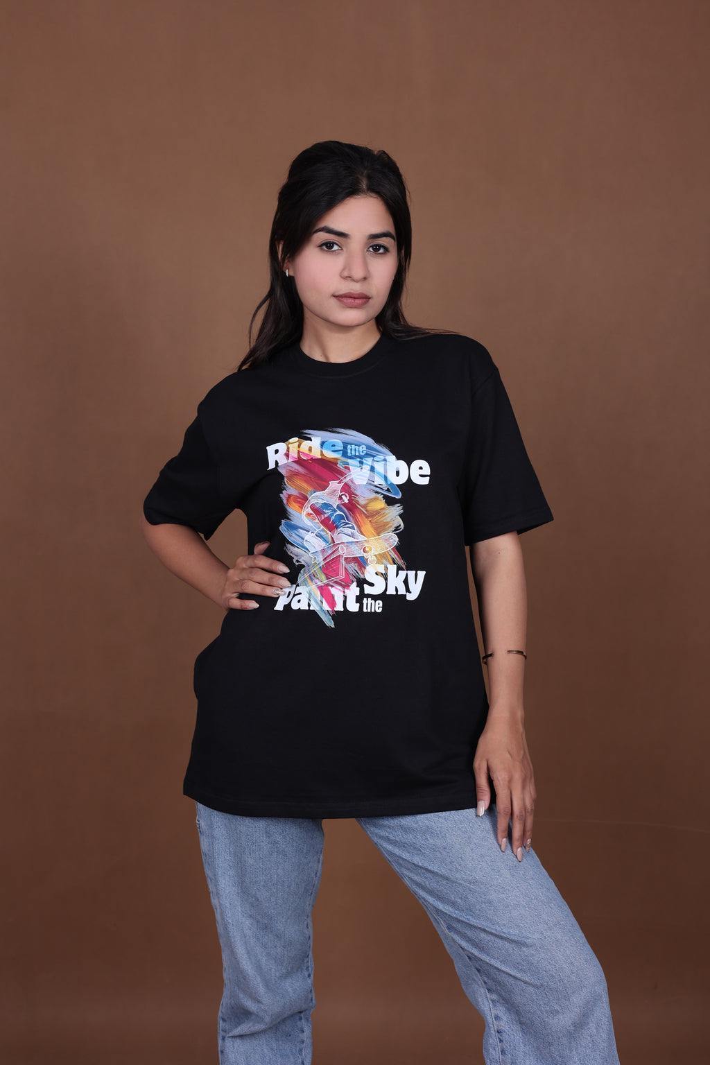Printed Oversized T-shirt | Ride The Vibe Skate Graphic | Black T-Shirt