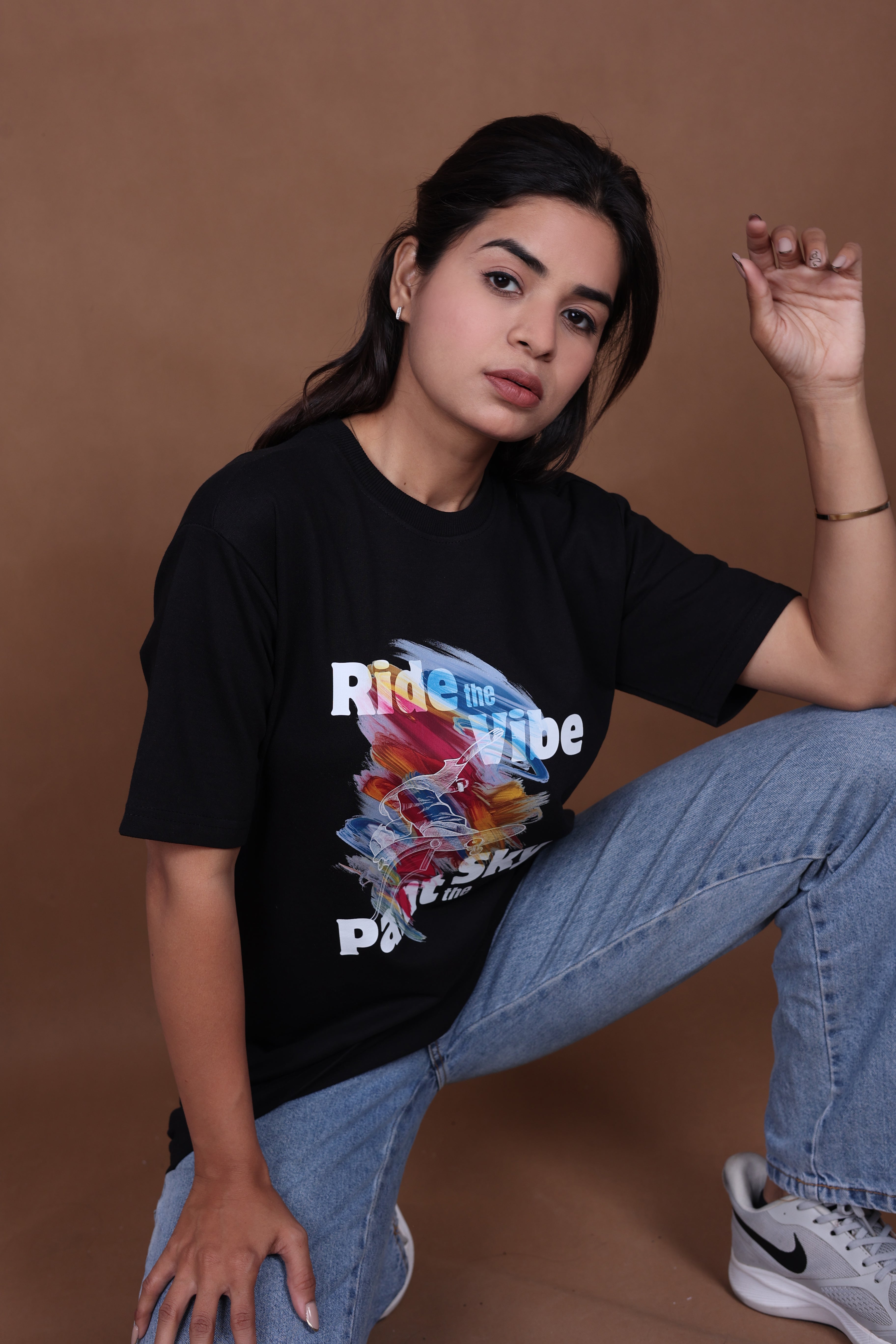Printed Oversized T-shirt | Ride The Vibe Skate Graphic | Black T-Shirt