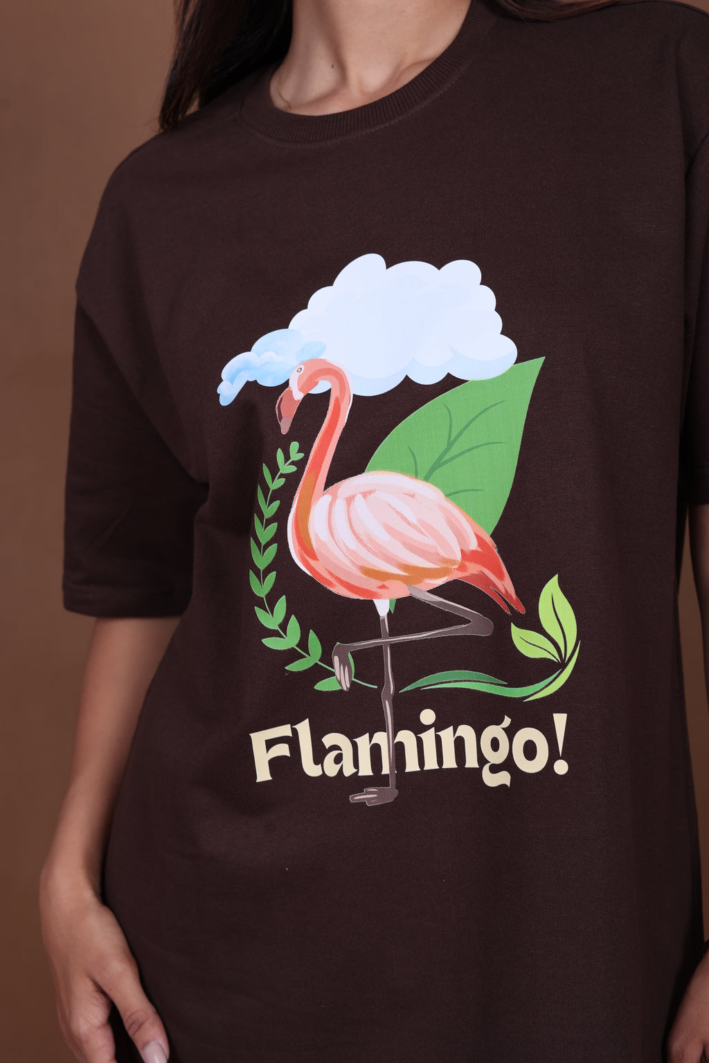 Printed Oversized T-shirt | Cute Flamingo Nature Design | Brown T-Shirt