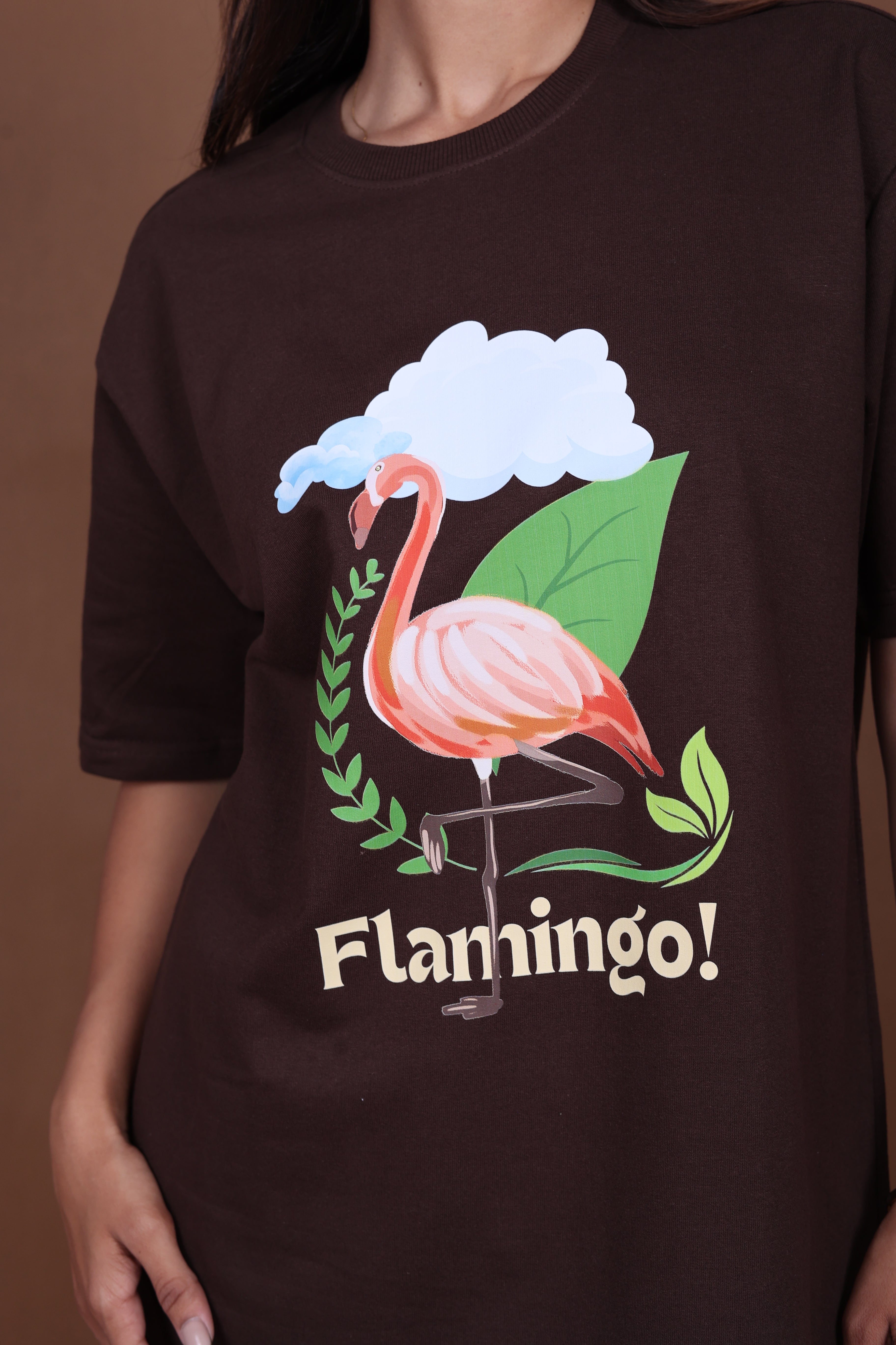 Printed Oversized T-shirt | Cute Flamingo Nature Design | Brown T-Shirt