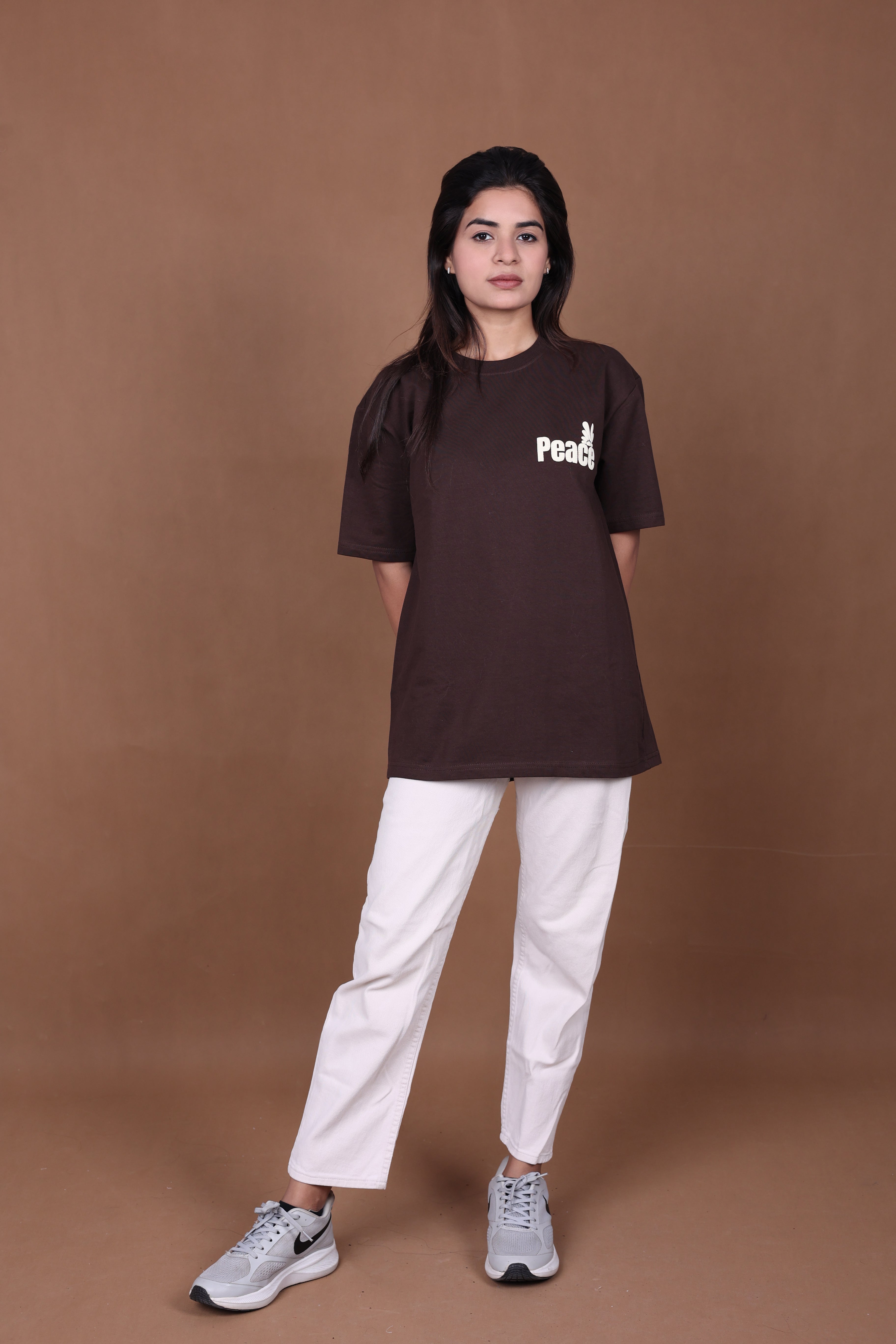 Printed Oversized T-shirt | Minimal Floral Line Art Back Print Premium | Brown T-Shirt