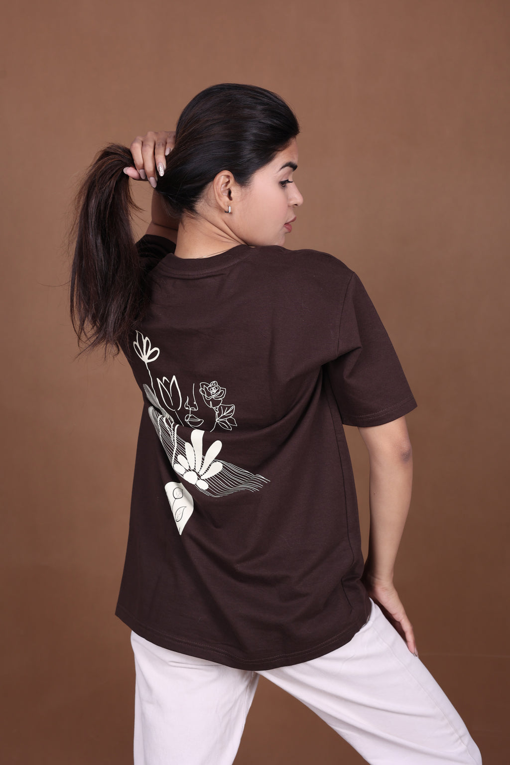 Printed Oversized T-shirt | Minimal Floral Line Art Back Print Premium | Brown T-Shirt
