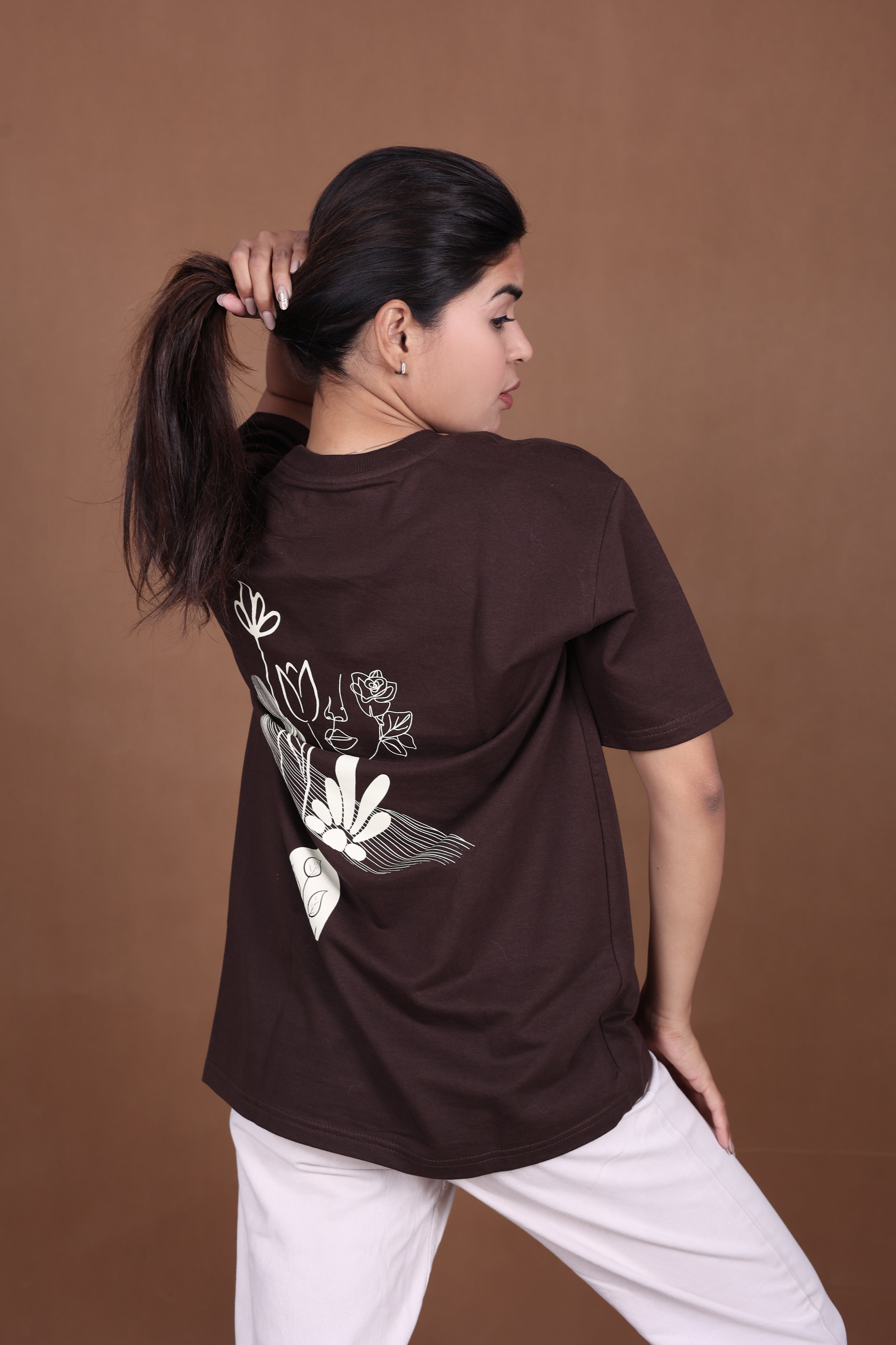 Printed Oversized T-shirt | Minimal Floral Line Art Back Print Premium | Brown T-Shirt