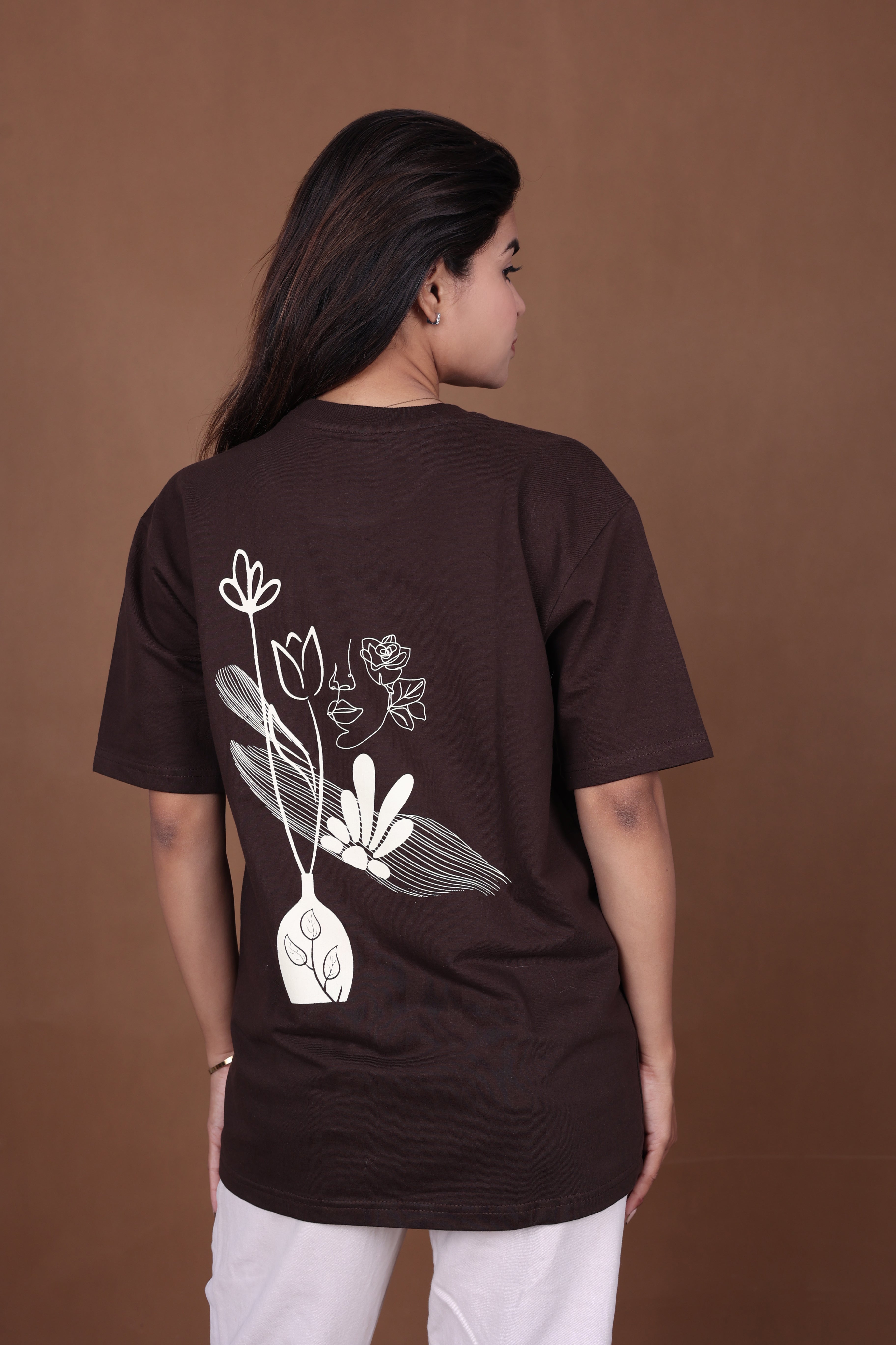 Printed Oversized T-shirt | Minimal Floral Line Art Back Print Premium | Brown T-Shirt