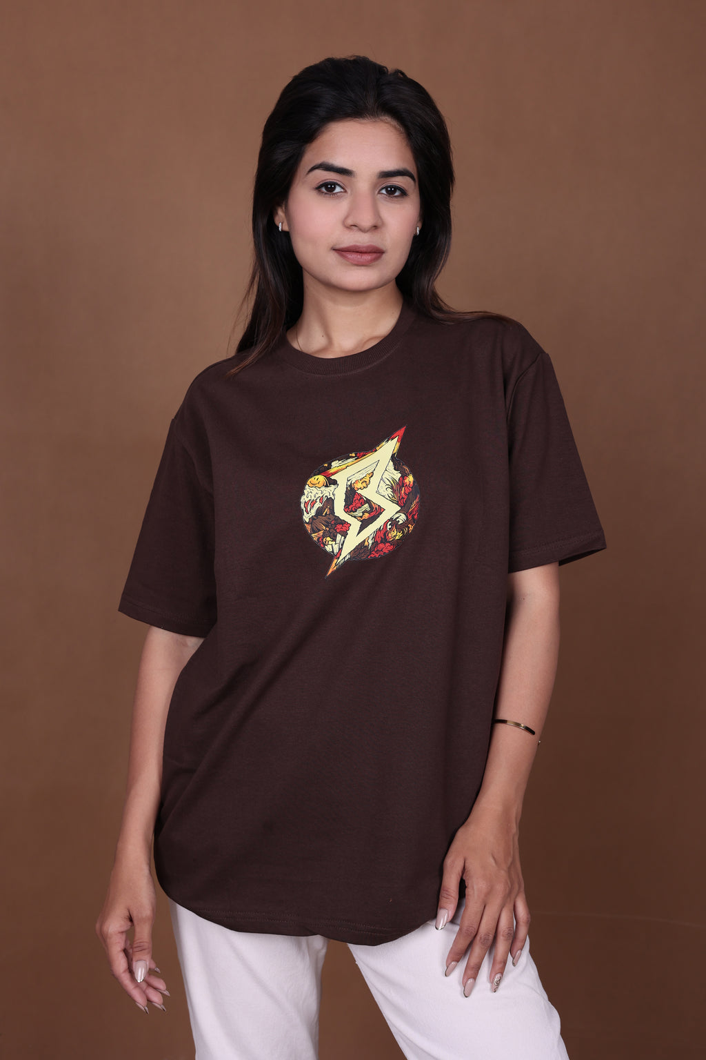 Printed Oversized T-shirt | Anime Inspired Back Print | Brown T-Shirt