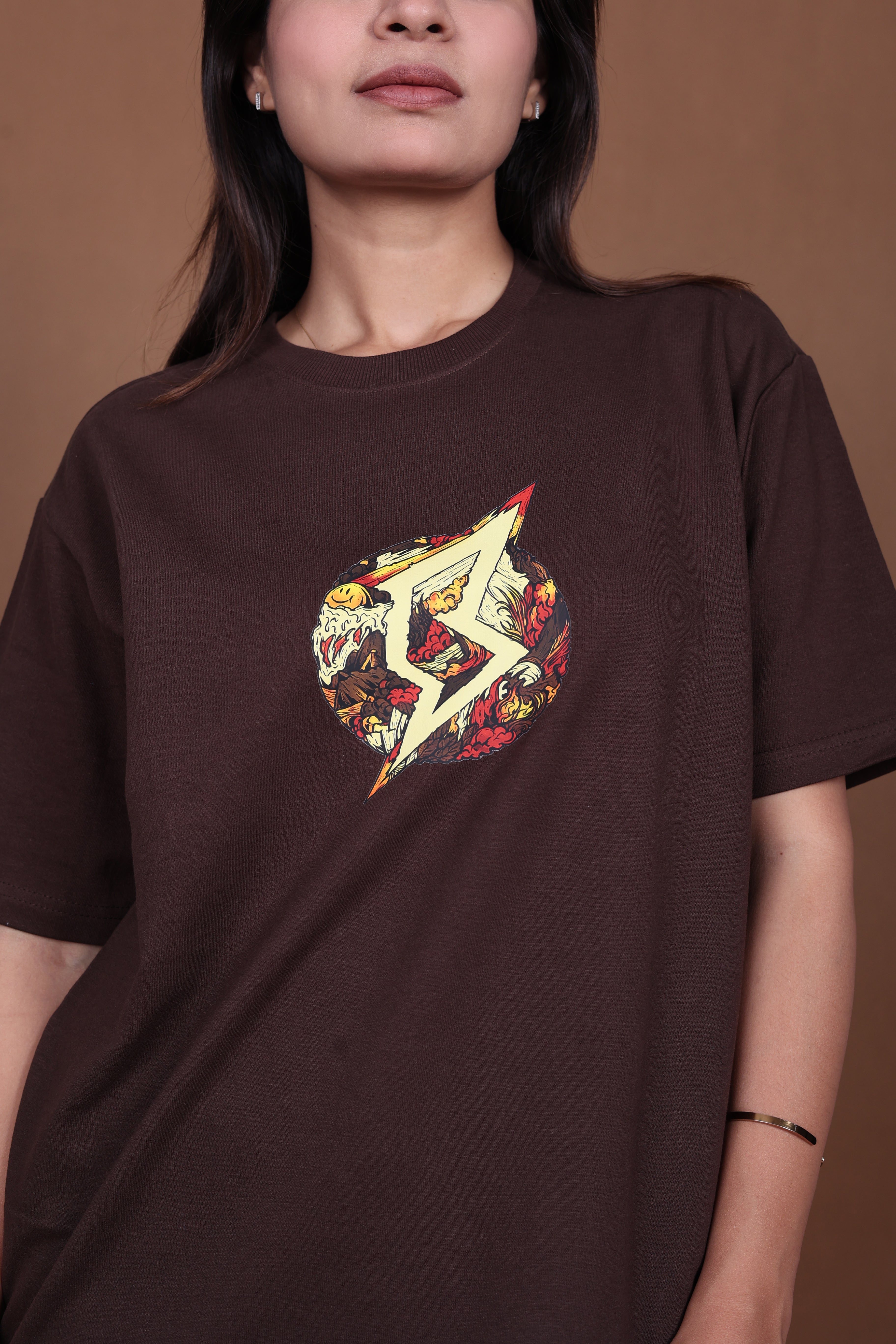 Printed Oversized T-shirt | Anime Inspired Back Print | Brown T-Shirt