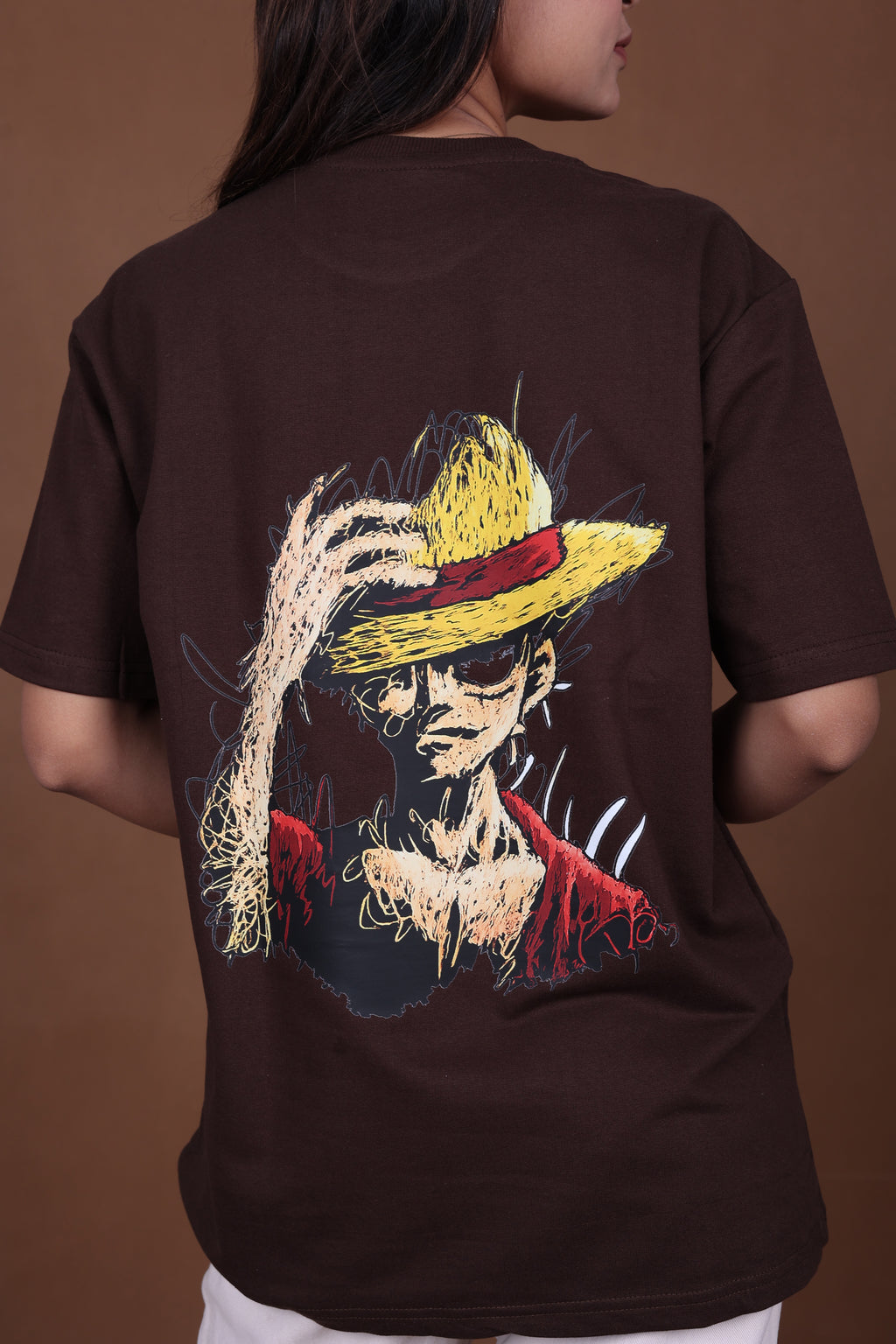 Printed Oversized T-shirt | Anime Inspired Back Print | Brown T-Shirt