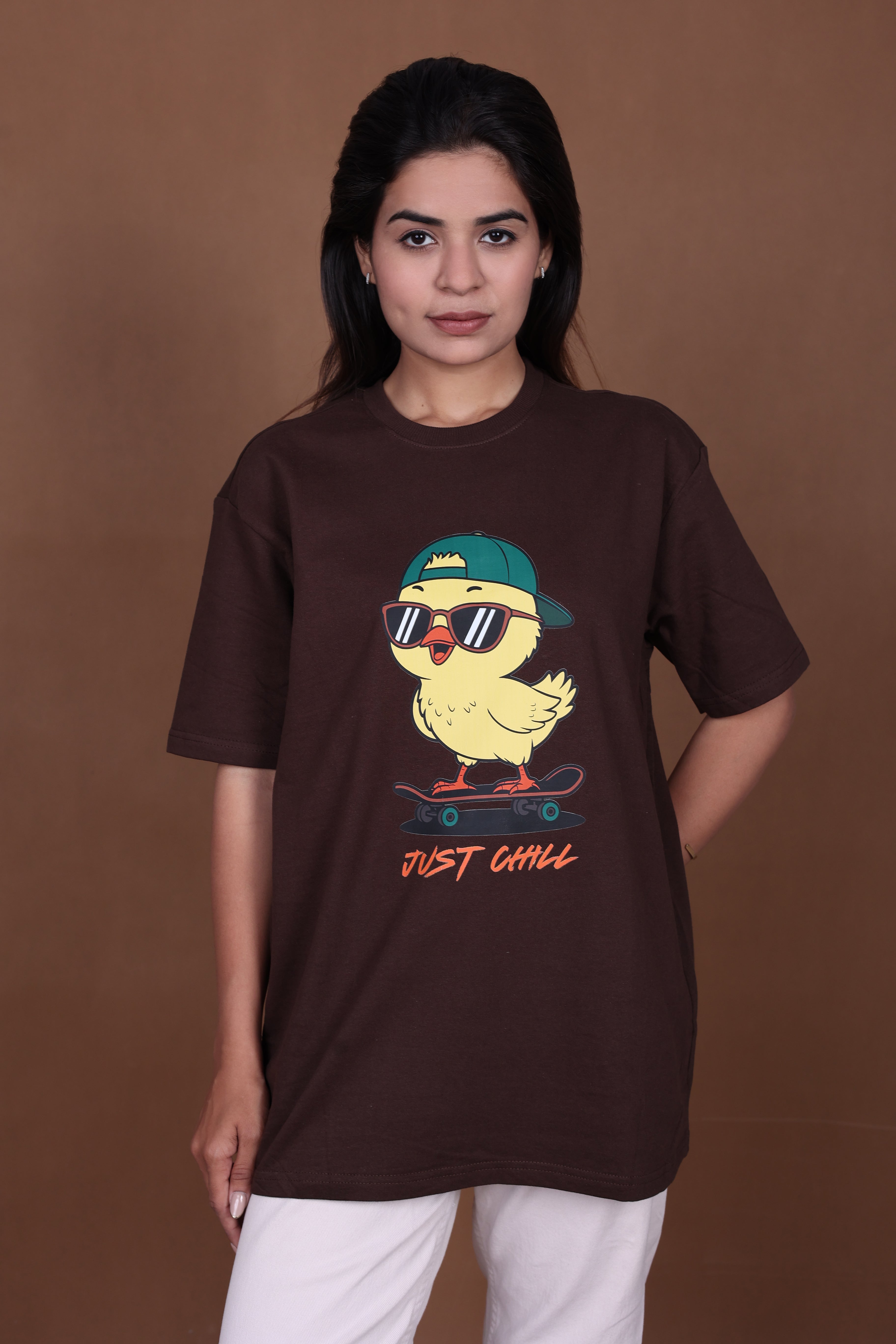 Printed Oversized T-shirt | Cute Chick Graphic Streetwear Casual | Brown T-Shirt