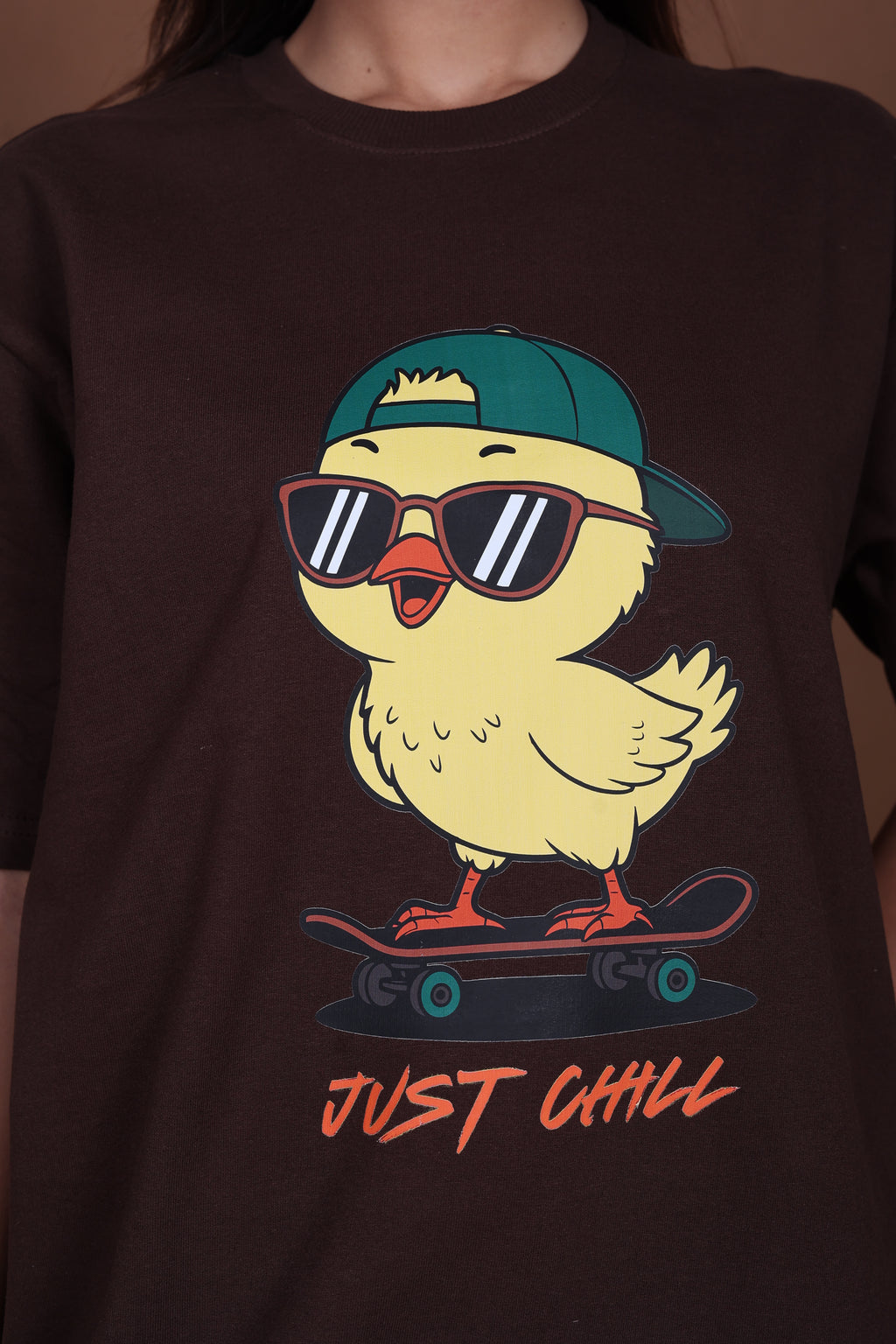 Printed Oversized T-shirt | Cute Chick Graphic Streetwear Casual | Brown T-Shirt