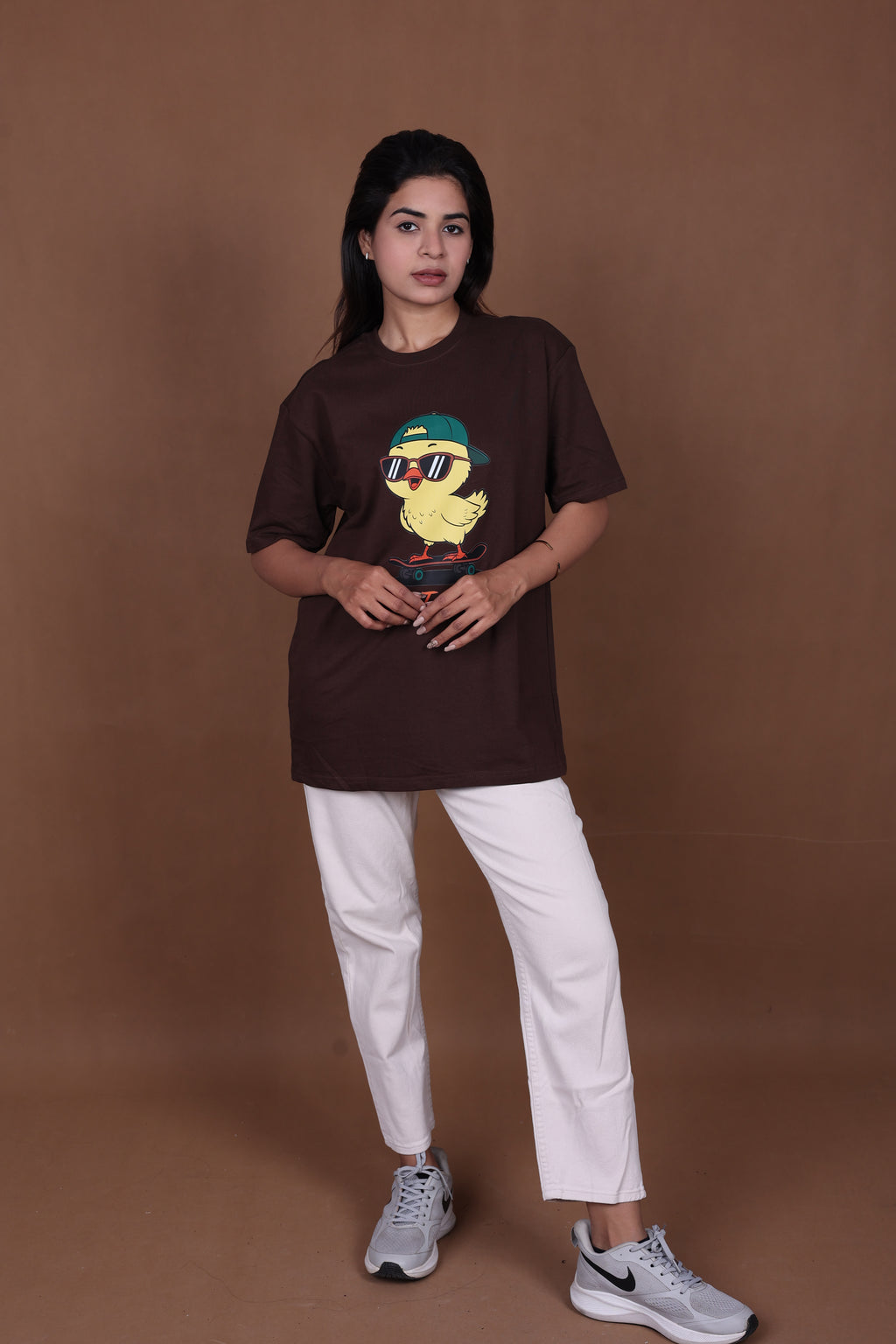 Printed Oversized T-shirt | Cute Chick Graphic Streetwear Casual | Brown T-Shirt