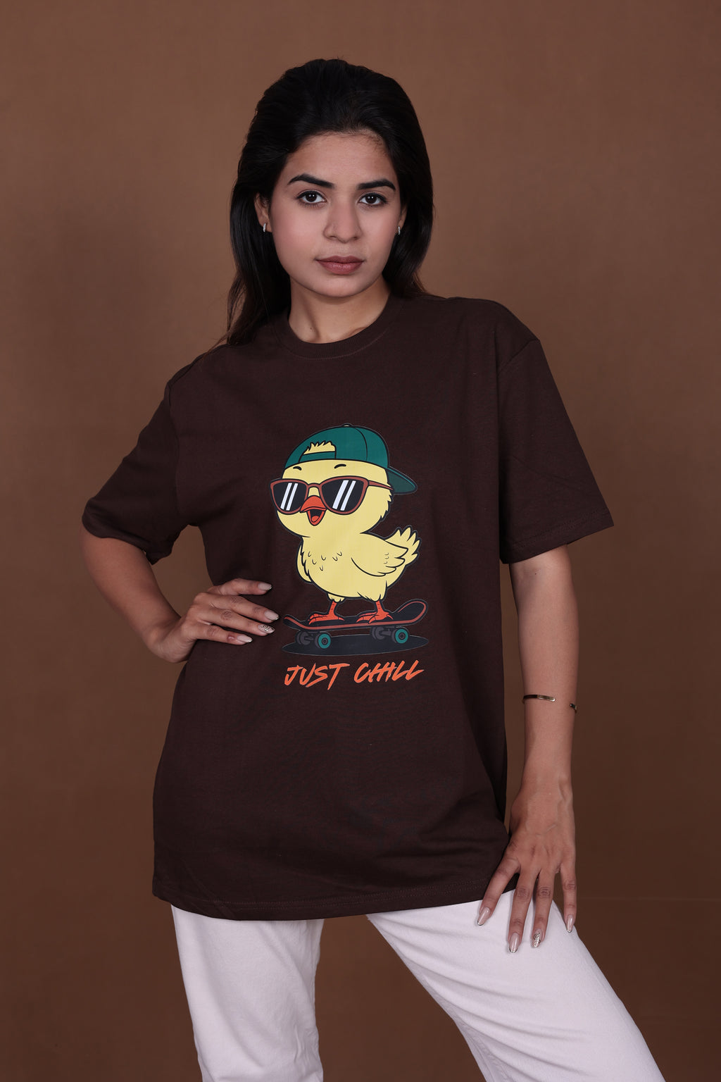 Printed Oversized T-shirt | Cute Chick Graphic Streetwear Casual | Brown T-Shirt