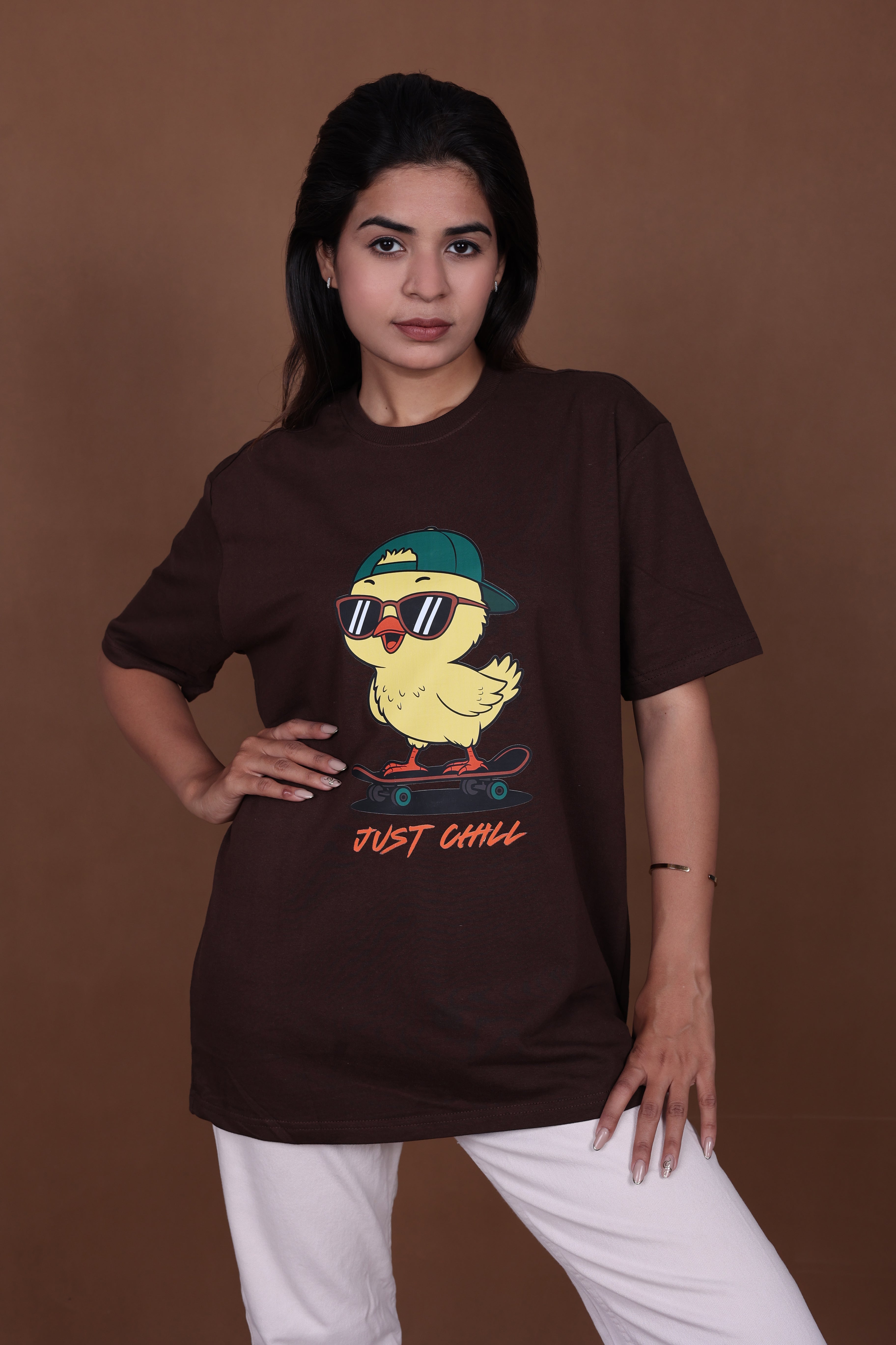 Printed Oversized T-shirt | Cute Chick Graphic Streetwear Casual | Brown T-Shirt