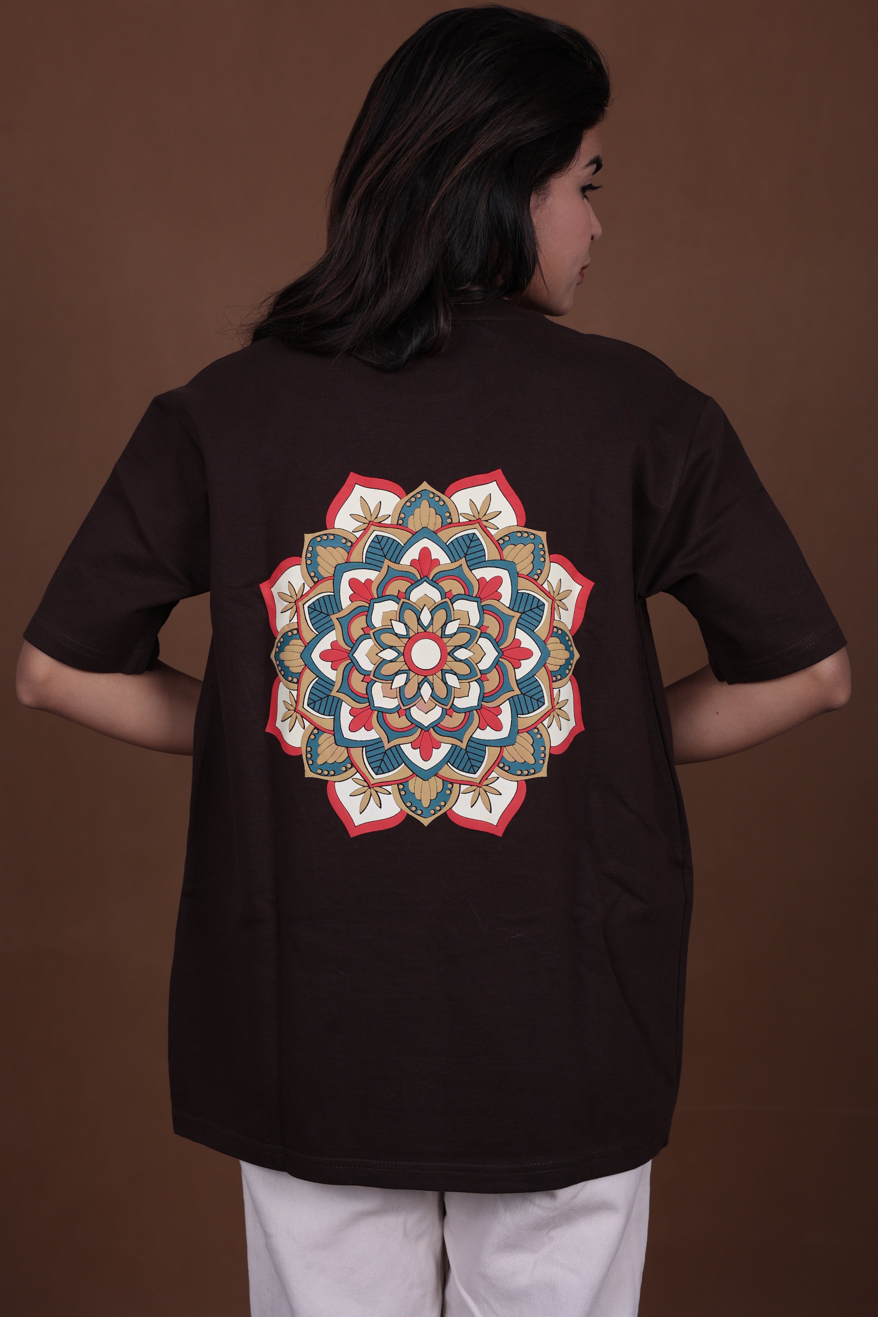 Printed Oversized T-shirt | Colorful Mandala Back Print Premium | Brown T-Shirt