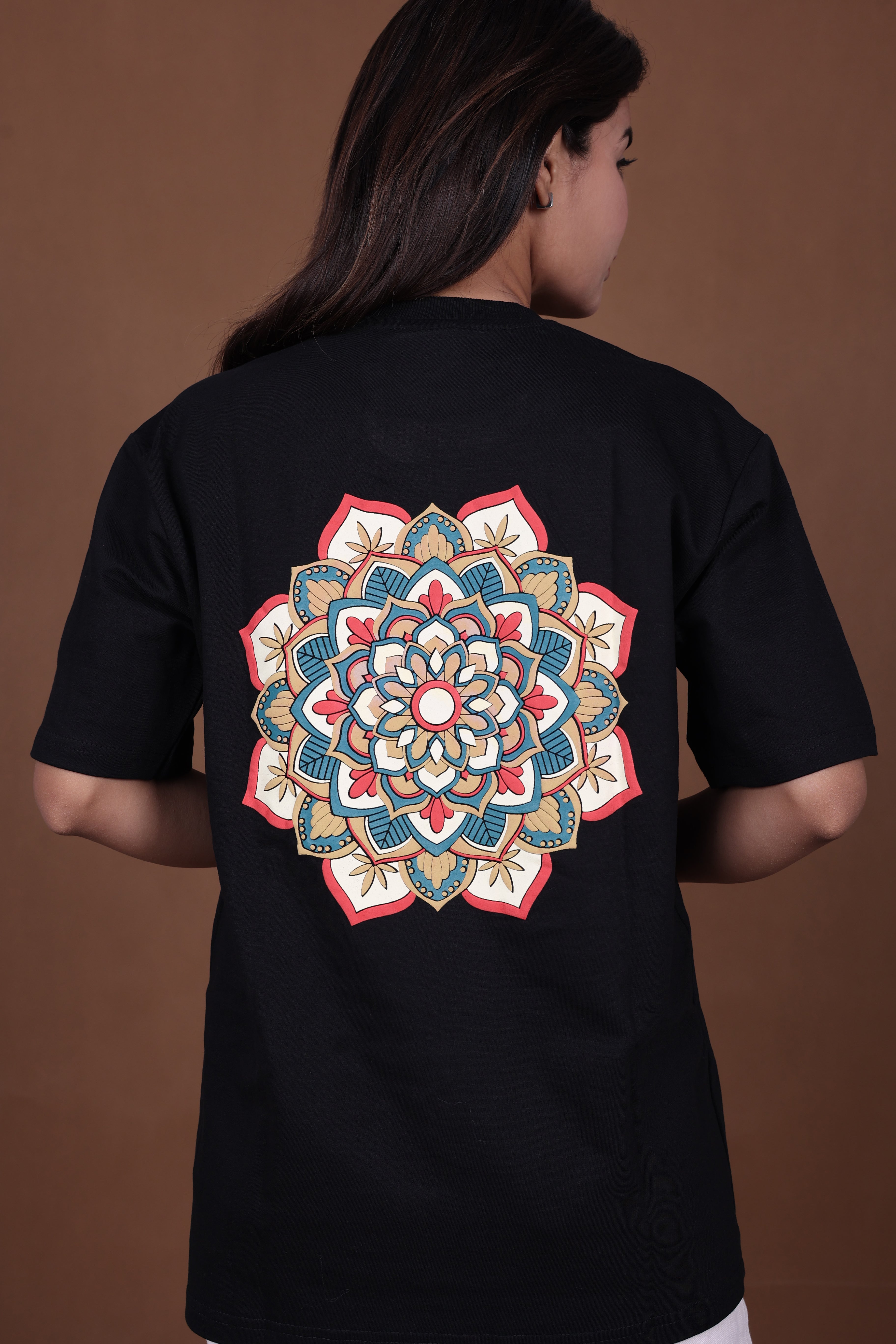 Printed Oversized T-shirt | Mandala Art Back Print Premium | Black T-Shirt