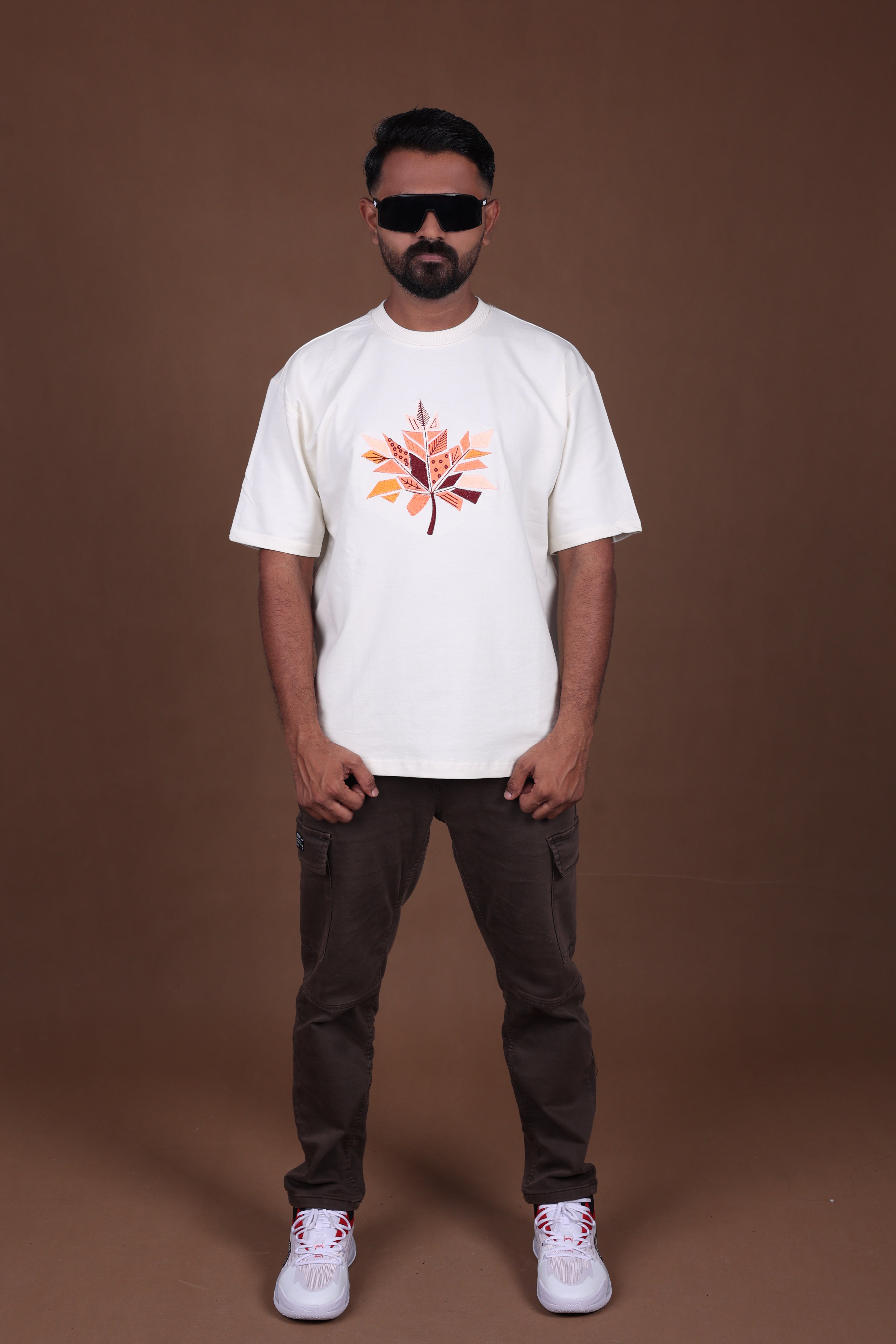 Embroidered Oversized T-shirt | LeafEdge Tee Premium | Off-White T-Shirt