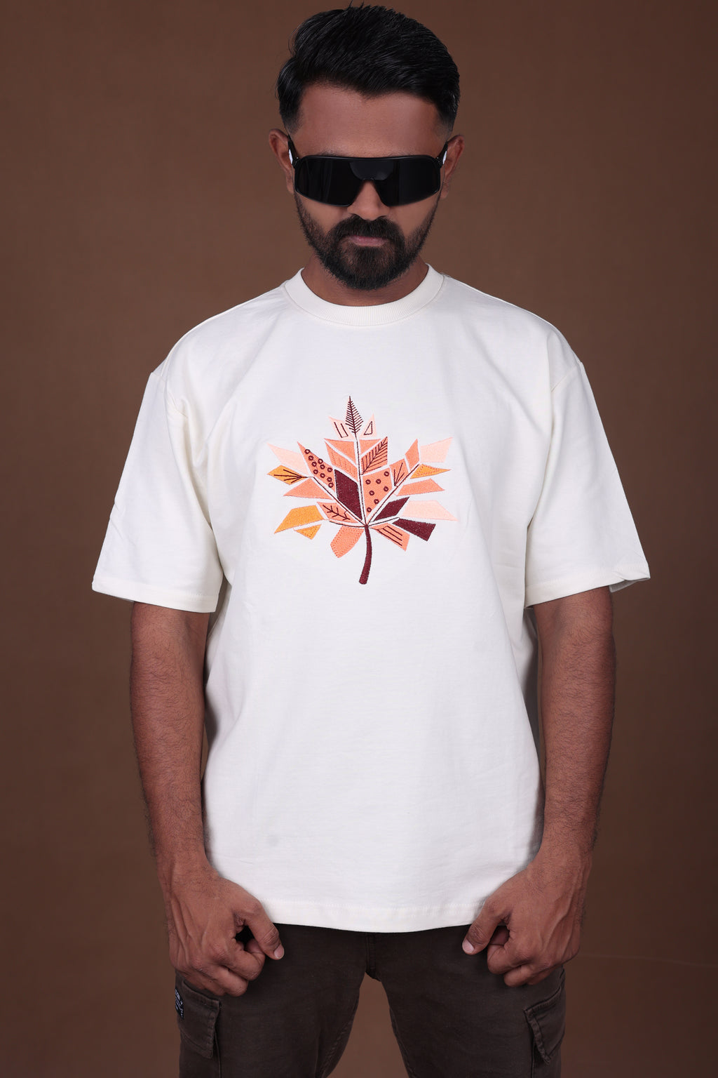 Embroidered Oversized T-shirt | LeafEdge Tee Premium | Off-White T-Shirt