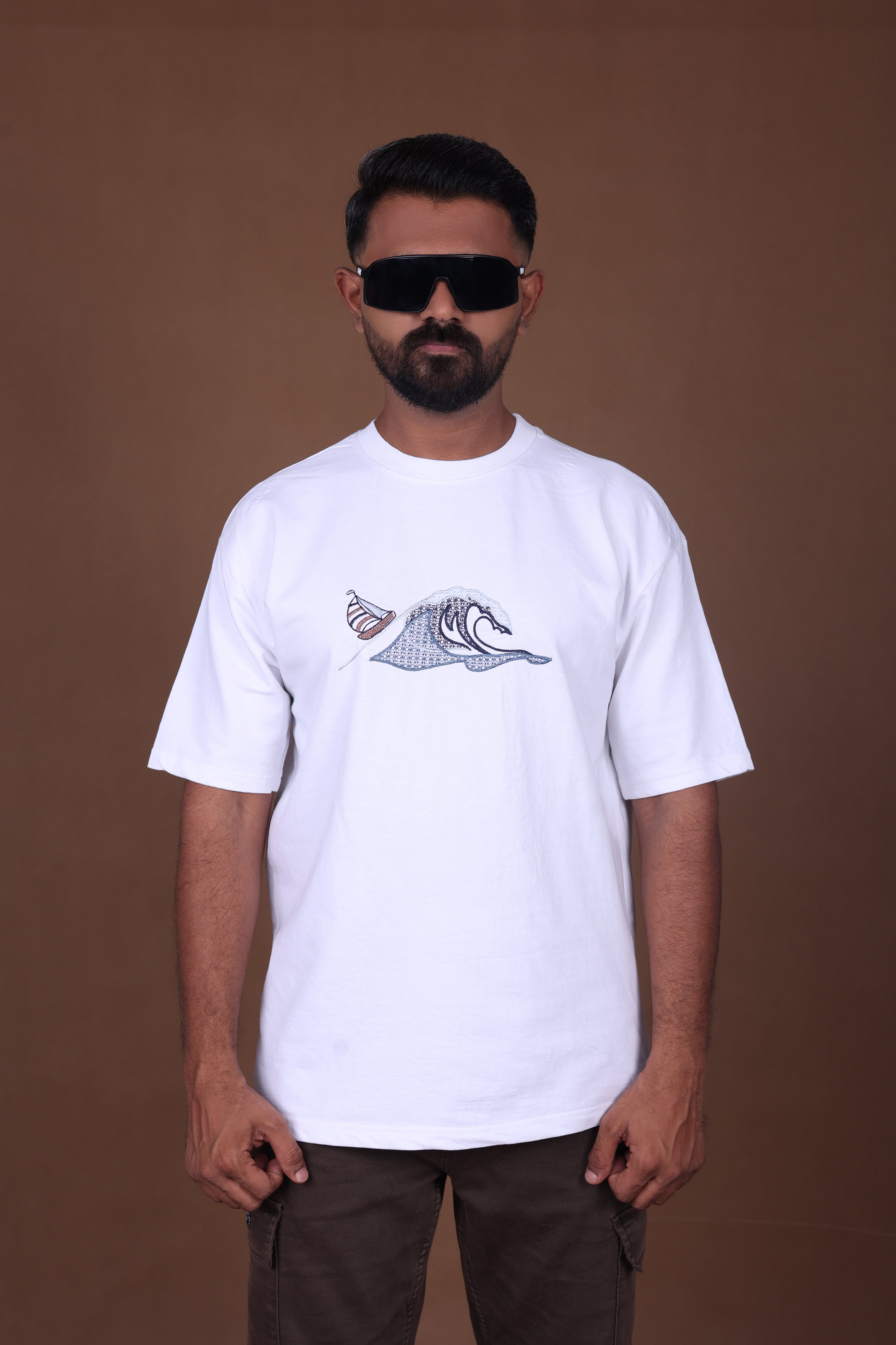 Embroidered Oversized T-shirt | Waves Design Premium | White T-Shirt