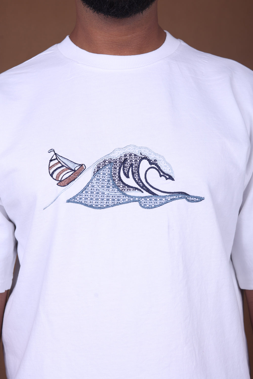 Embroidered Oversized T-shirt | Waves Design Premium | White T-Shirt