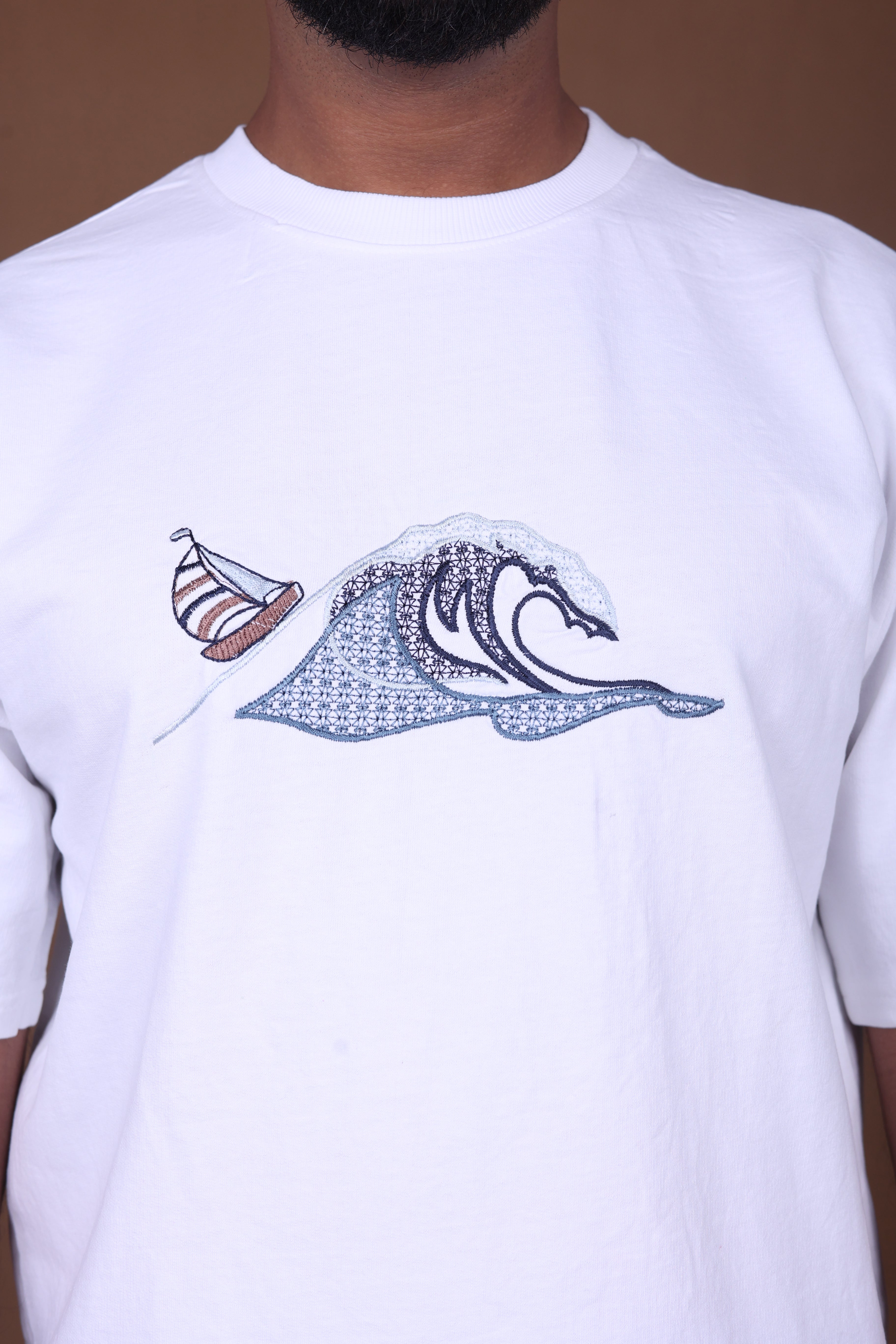 Embroidered Oversized T-shirt | Waves Design Premium | White T-Shirt