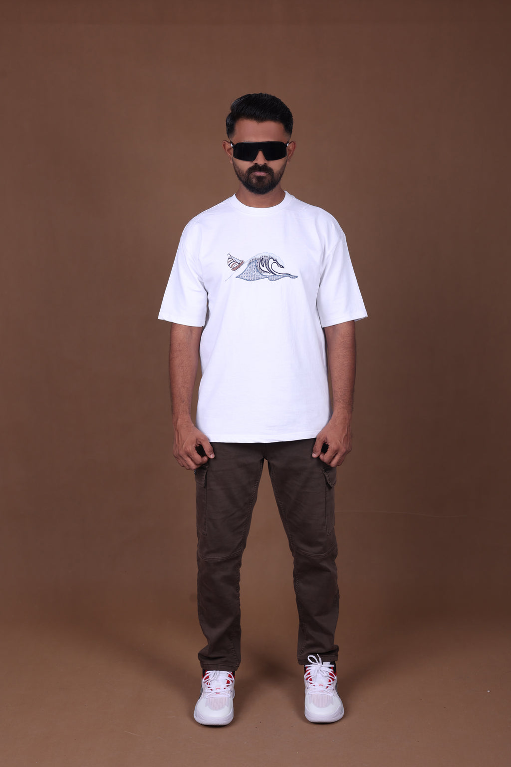Embroidered Oversized T-shirt | Waves Design Premium | White T-Shirt