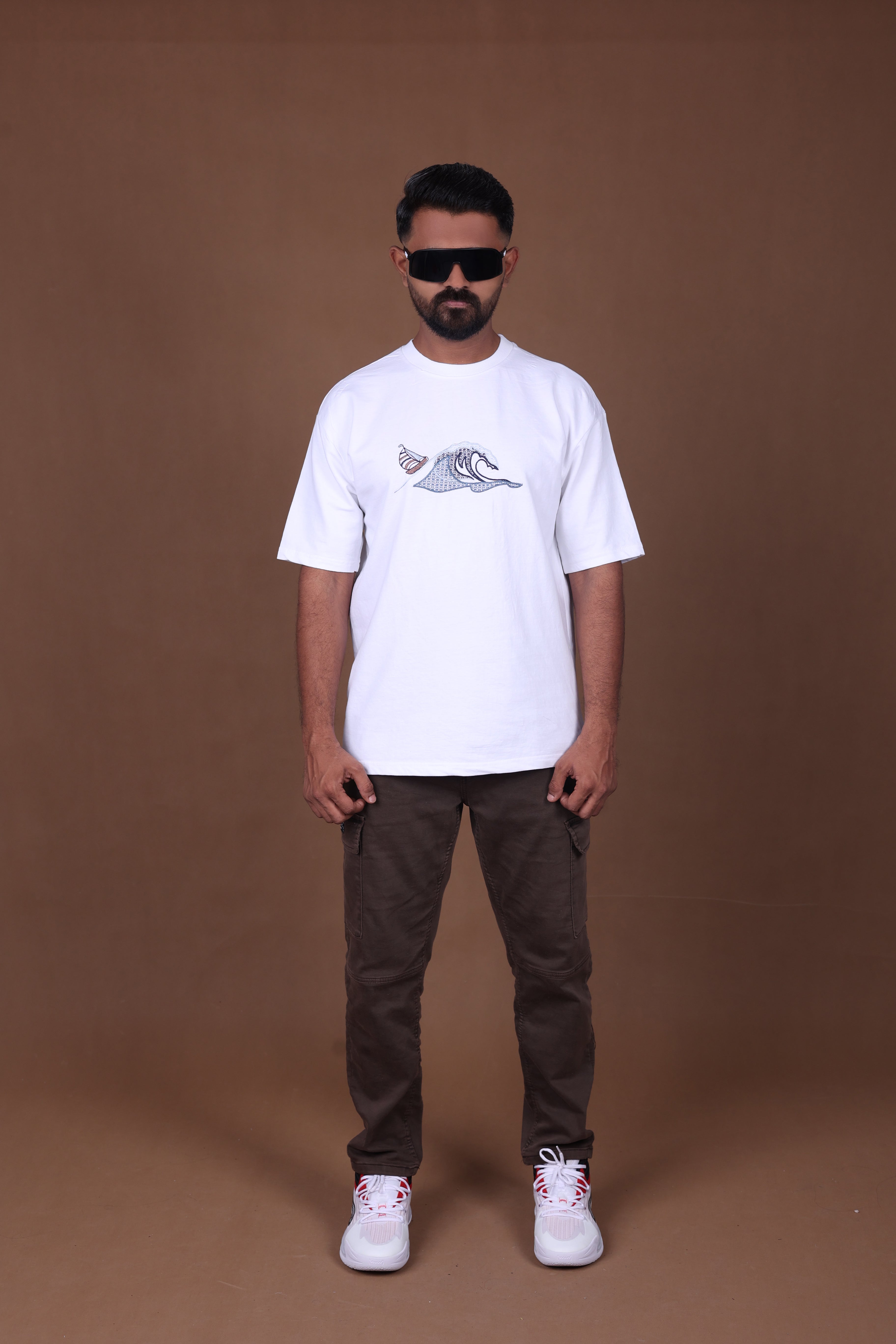 Embroidered Oversized T-shirt | Waves Design Premium | White T-Shirt