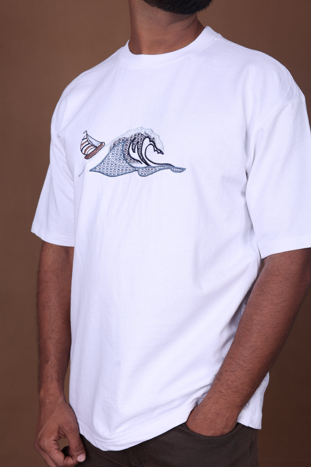 Embroidered Oversized T-shirt | Waves Design Premium | White T-Shirt