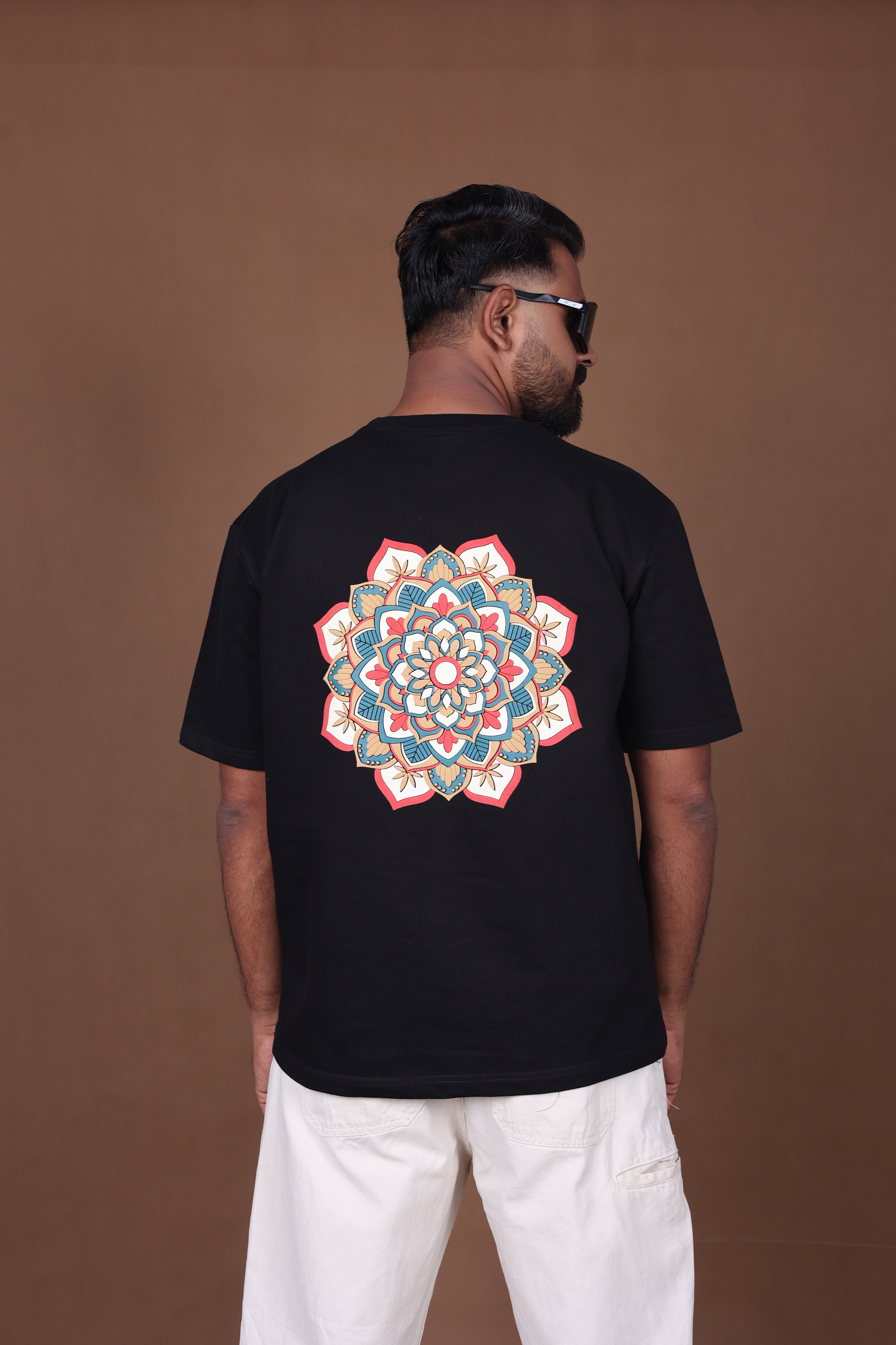 Printed Oversized T-shirt | Mandala Art Back Print Premium | Black T-Shirt