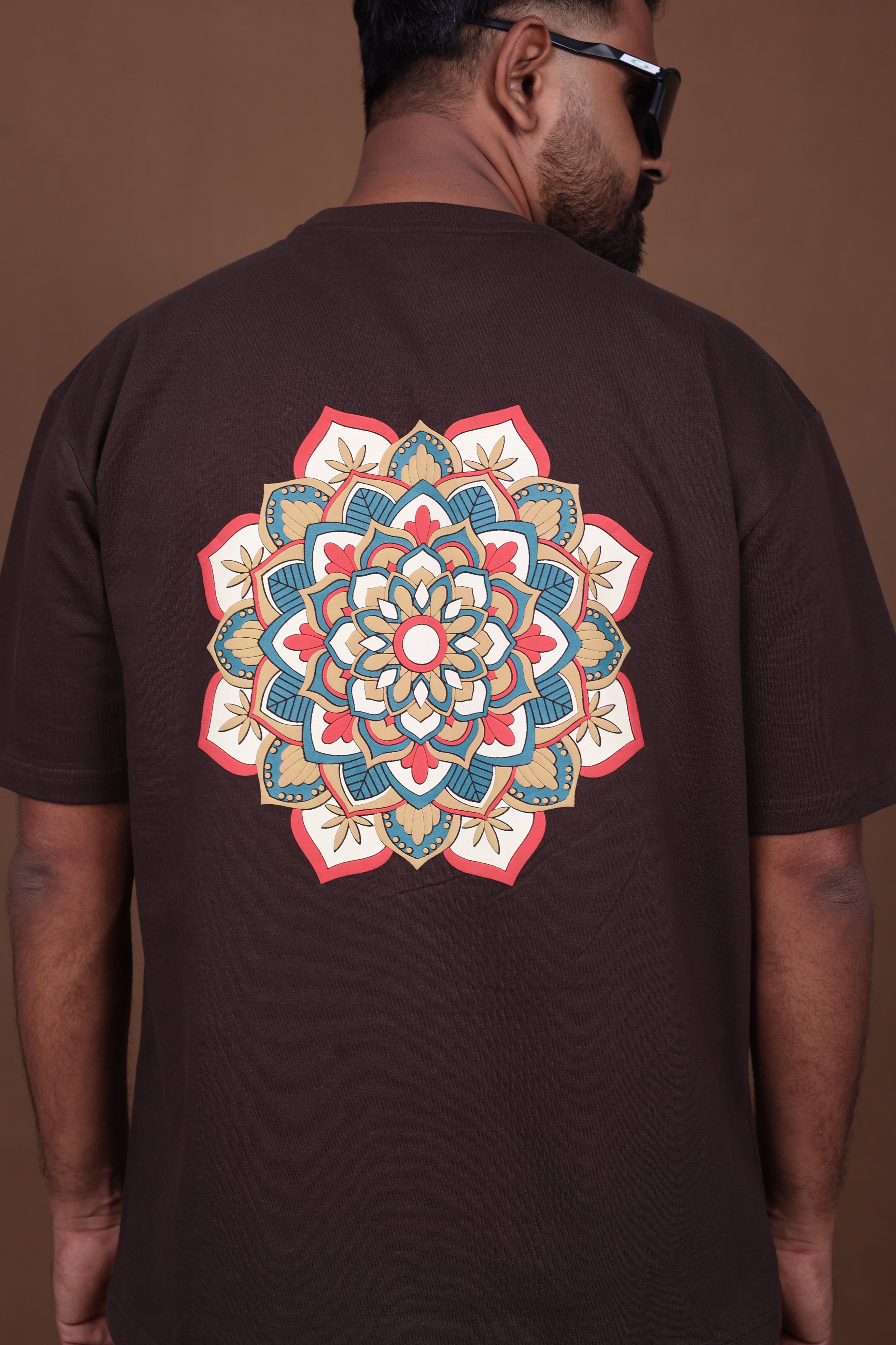Printed Oversized T-shirt | Colorful Mandala Back Print Premium | Brown T-Shirt