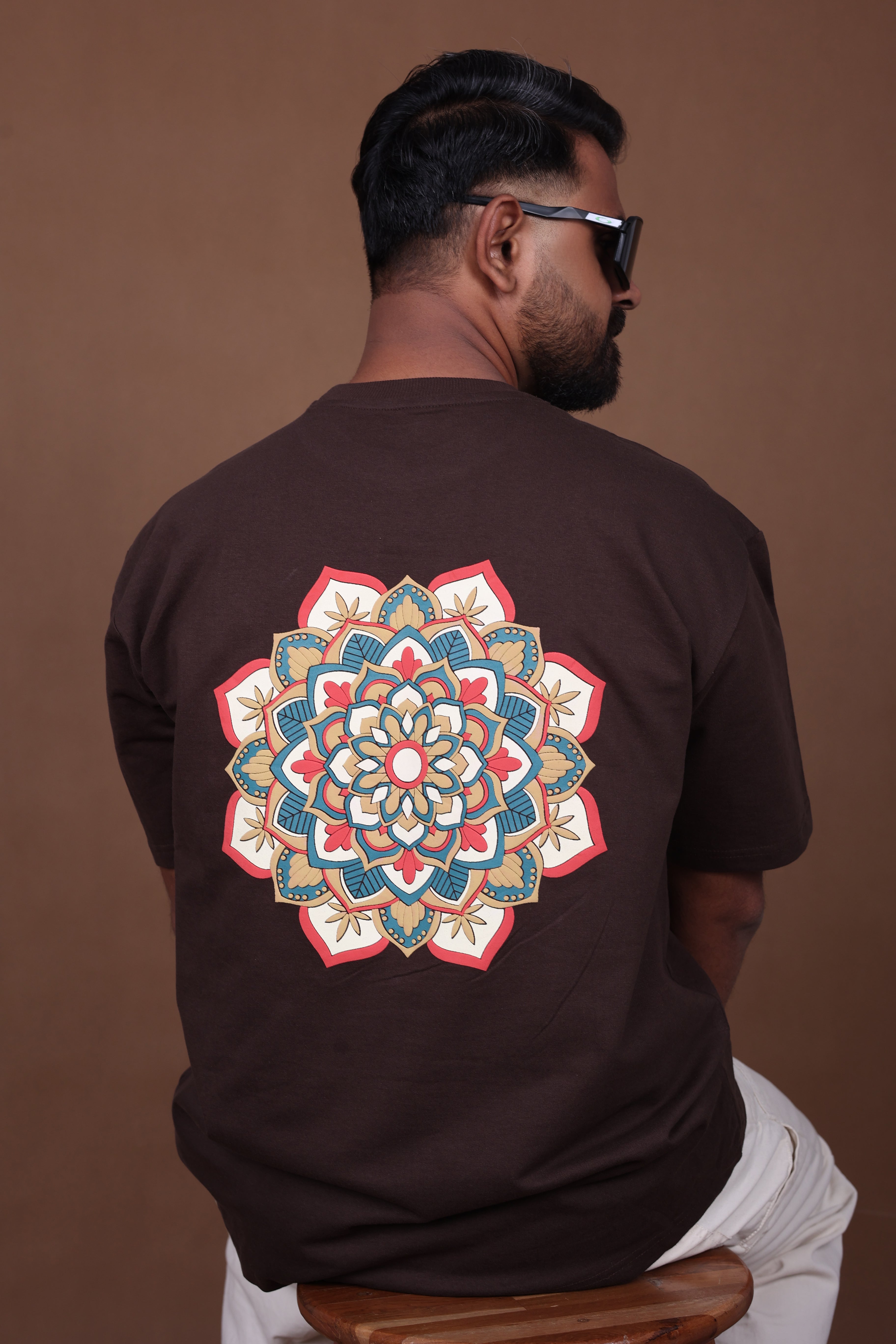 Printed Oversized T-shirt | Colorful Mandala Back Print Premium | Brown T-Shirt