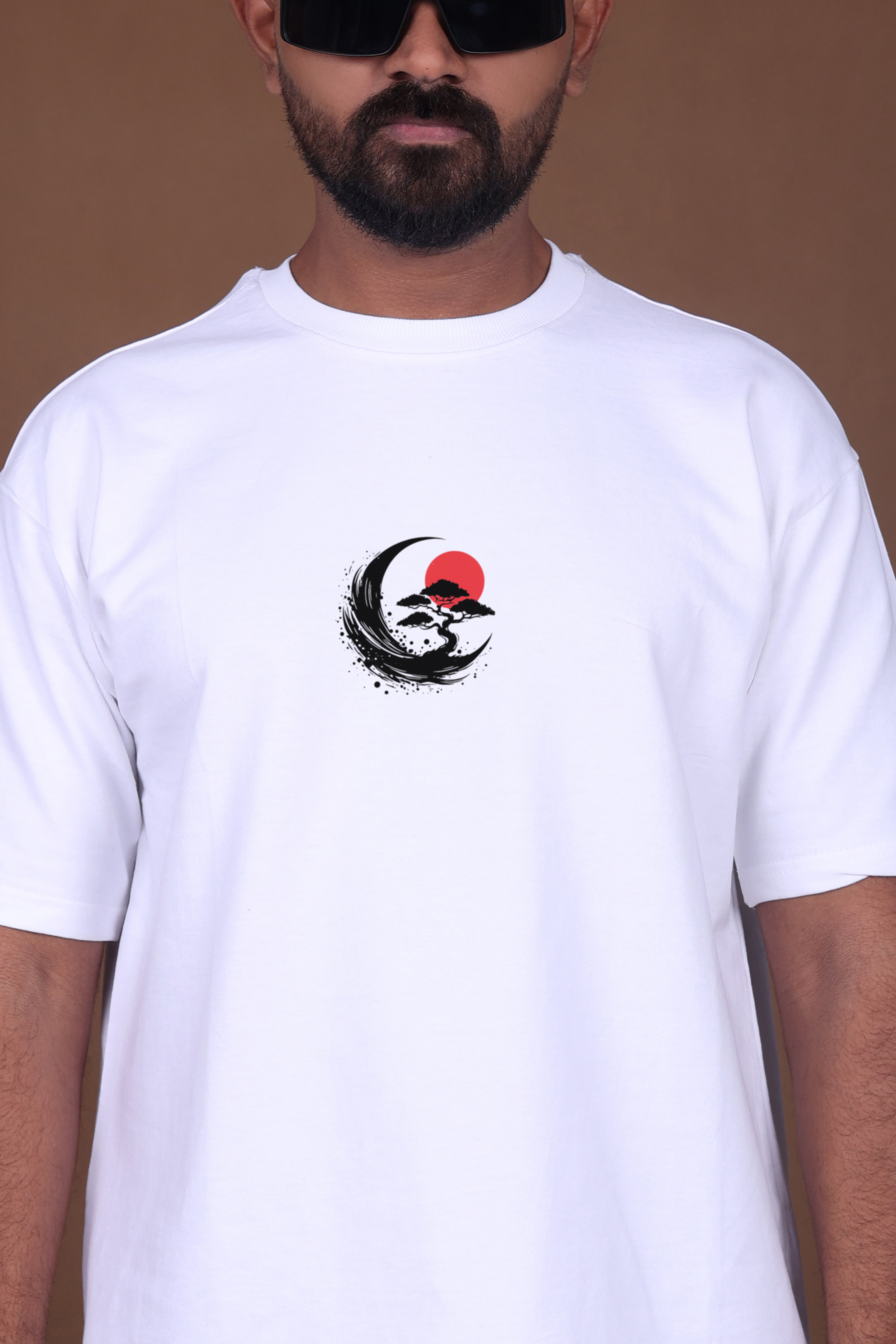 Printed Oversized T-shirt | Sunset Pagoda Graphic Yugen Printed | White T-Shirt