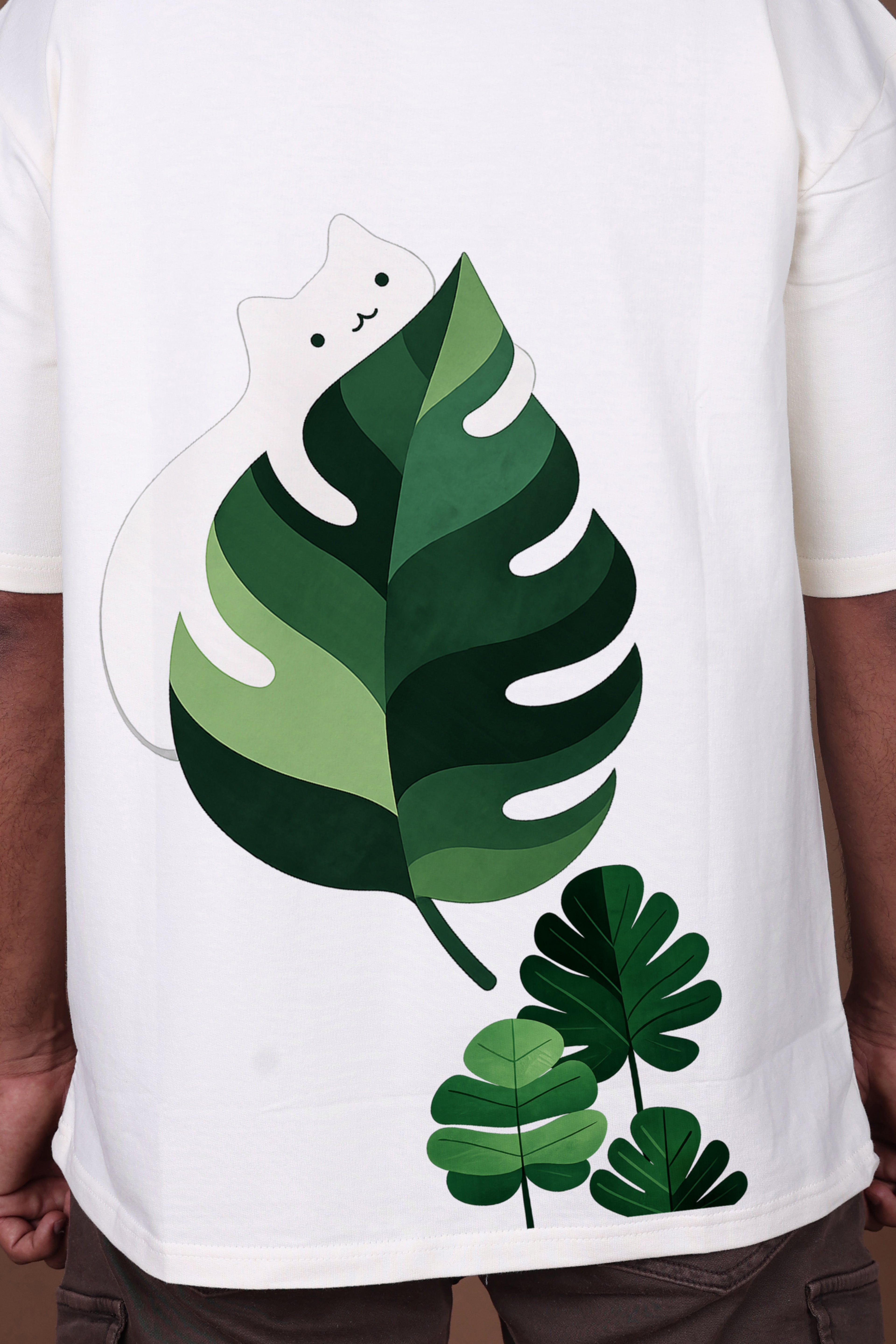 Printed Oversized T-shirt | Cute Cat Leaf Back Print | Off-White T-Shirt