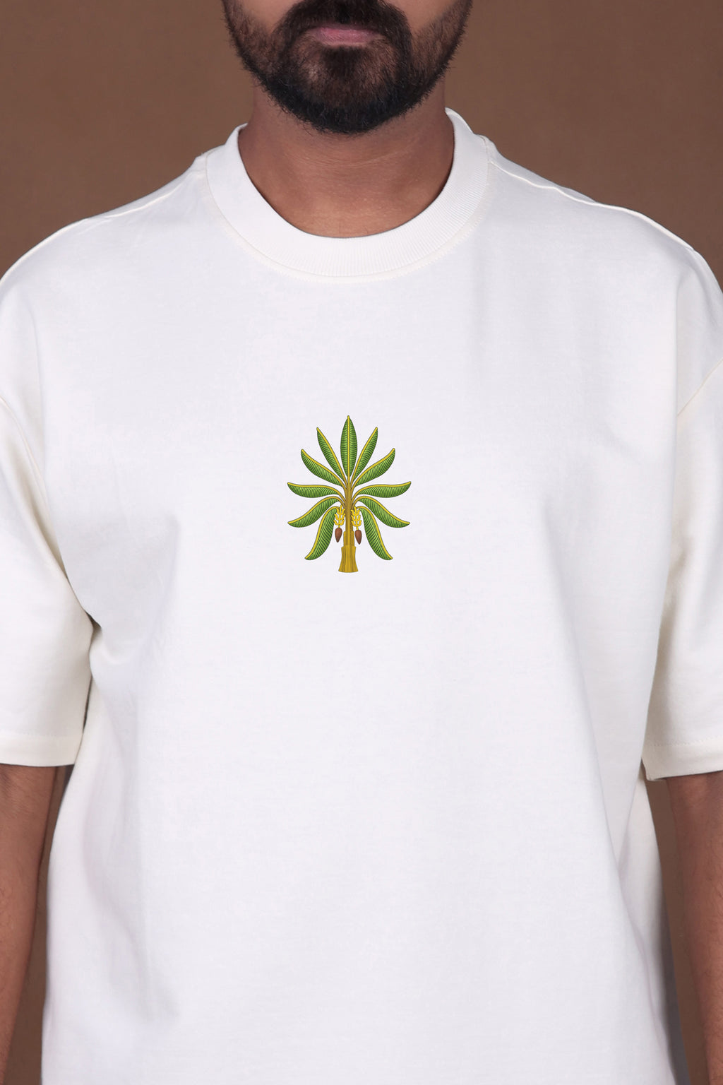 Printed Oversized T-shirt | Tropical Leaves & Parrot Back Print | Off-White T-Shirt