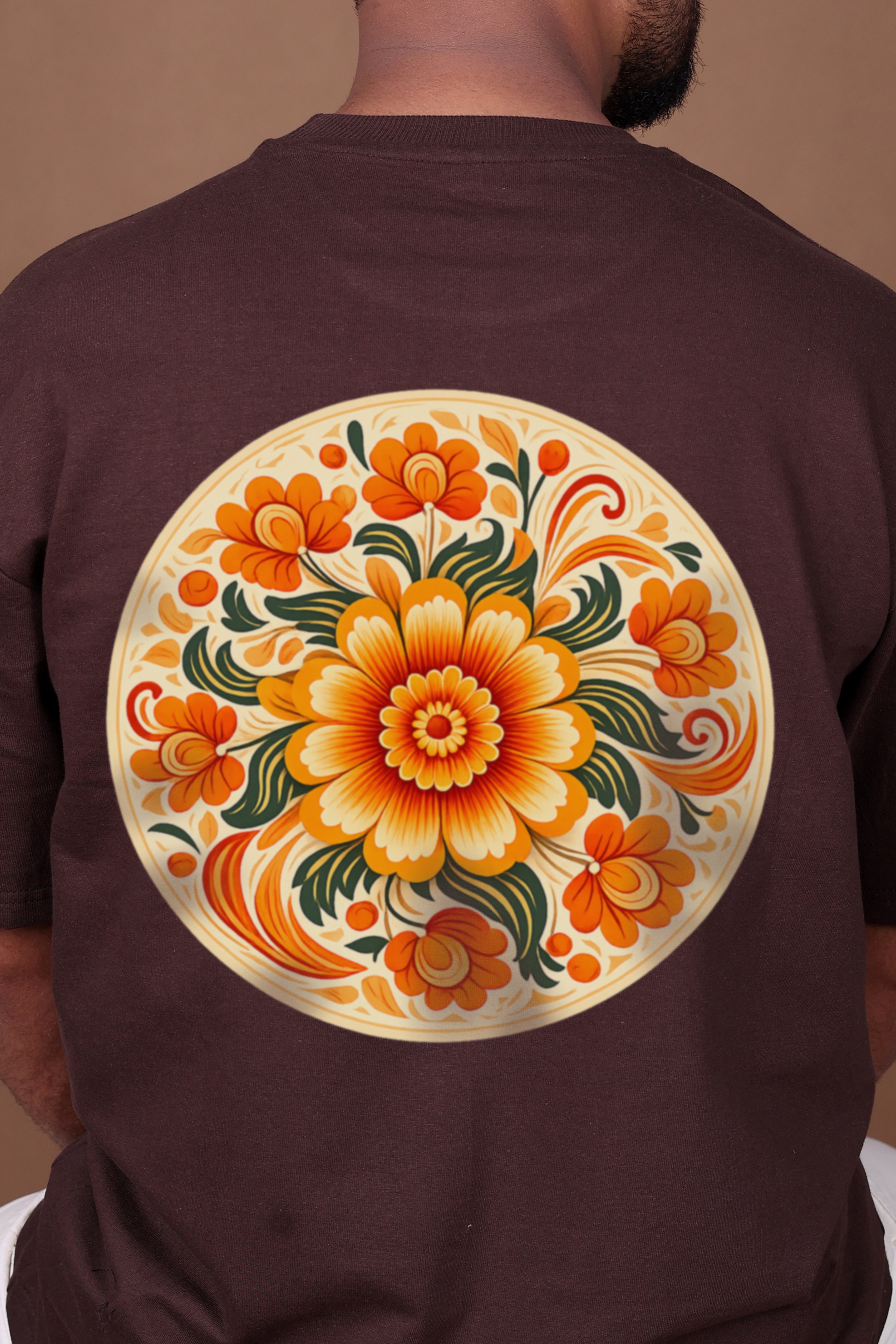 Printed Oversized T-shirt | Floral Mandala Back Print | Brown T-Shirt