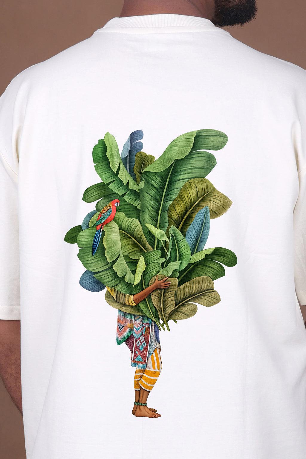 Printed Oversized T-shirt | Tropical Leaves & Parrot Back Print | Off-White T-Shirt