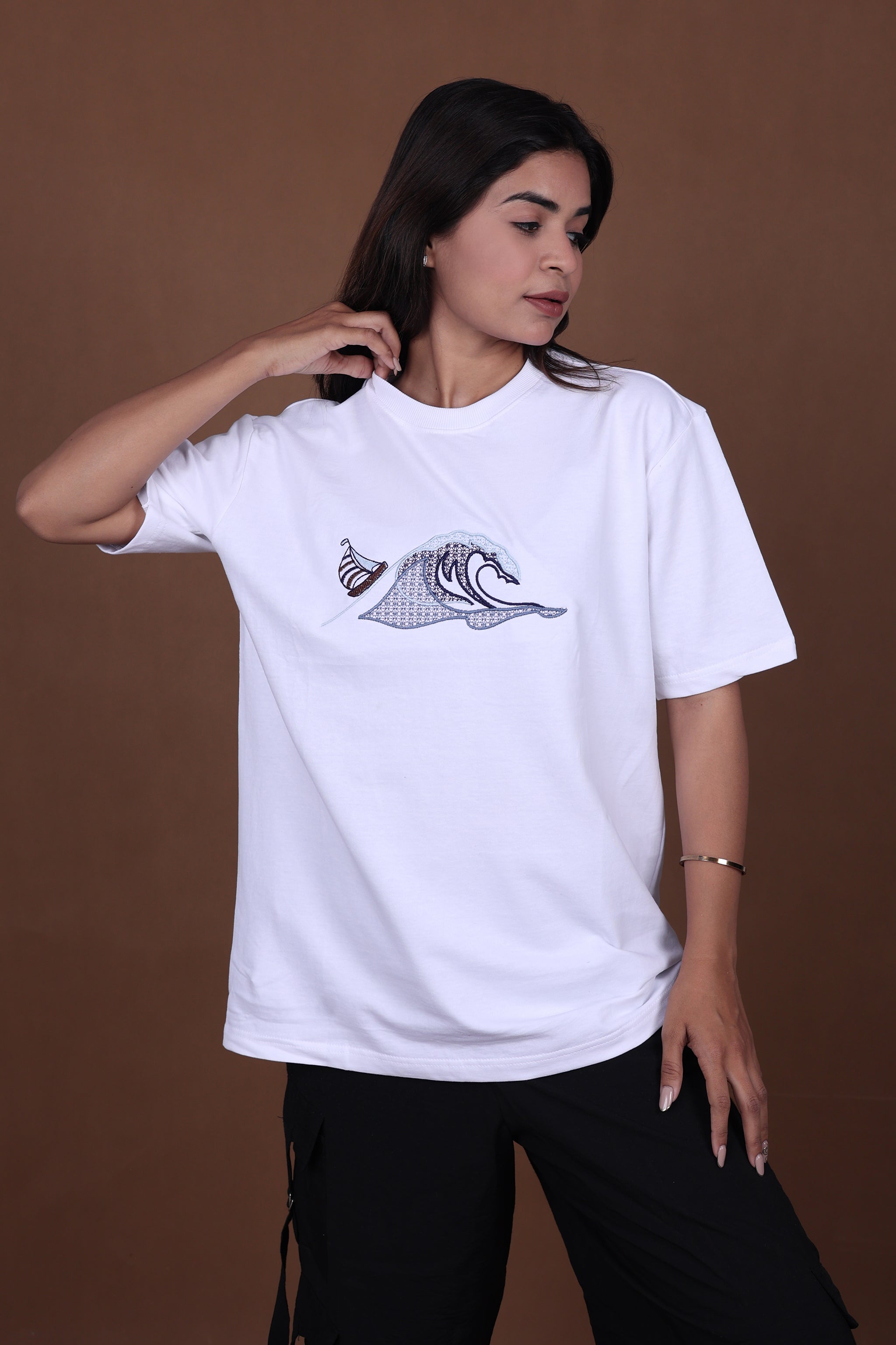 Embroidered Oversized T-shirt | Waves Design Premium | White T-Shirt