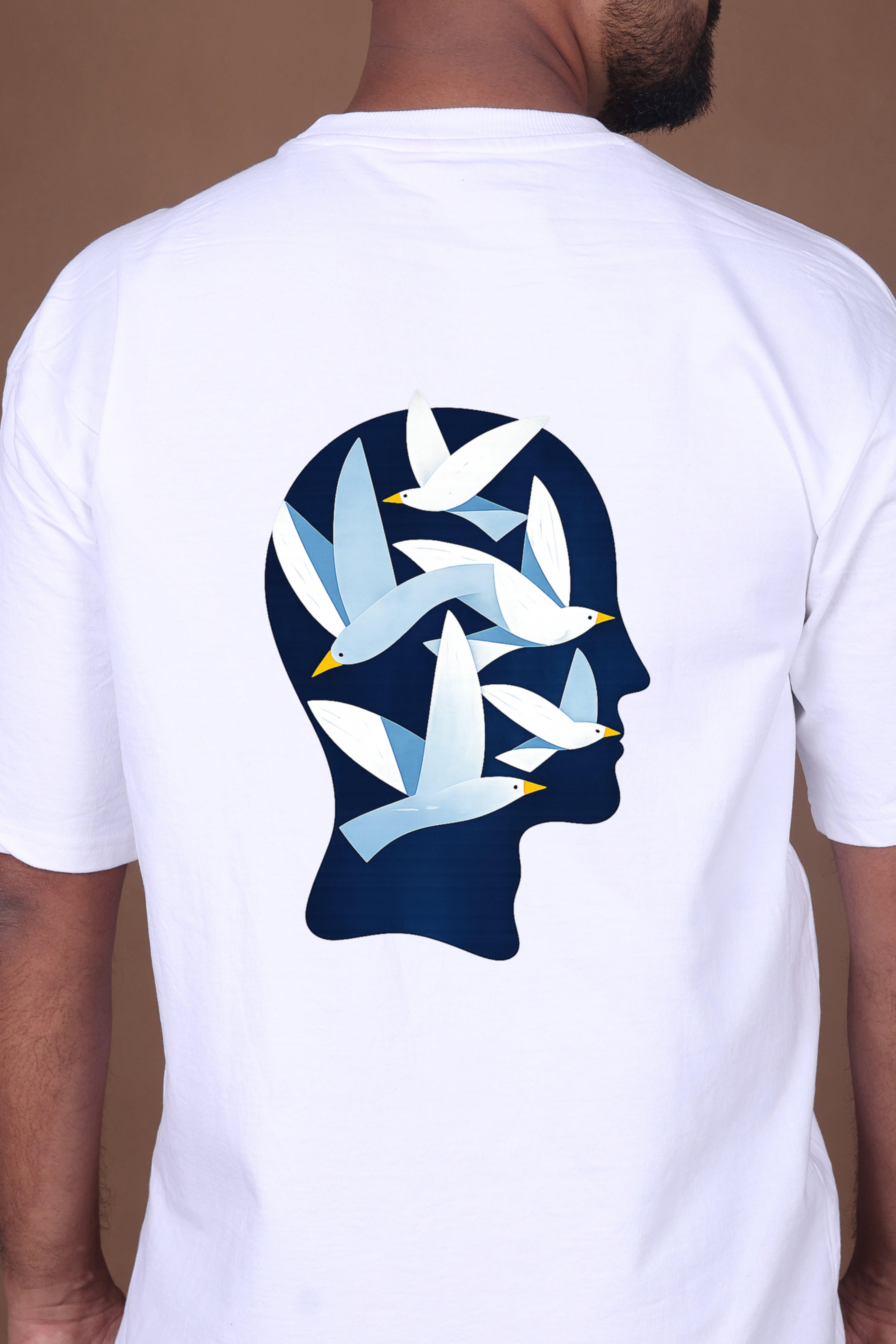 Printed Oversized T-shirt | Freedom Birds Silhouette Back Print | White T-Shirt