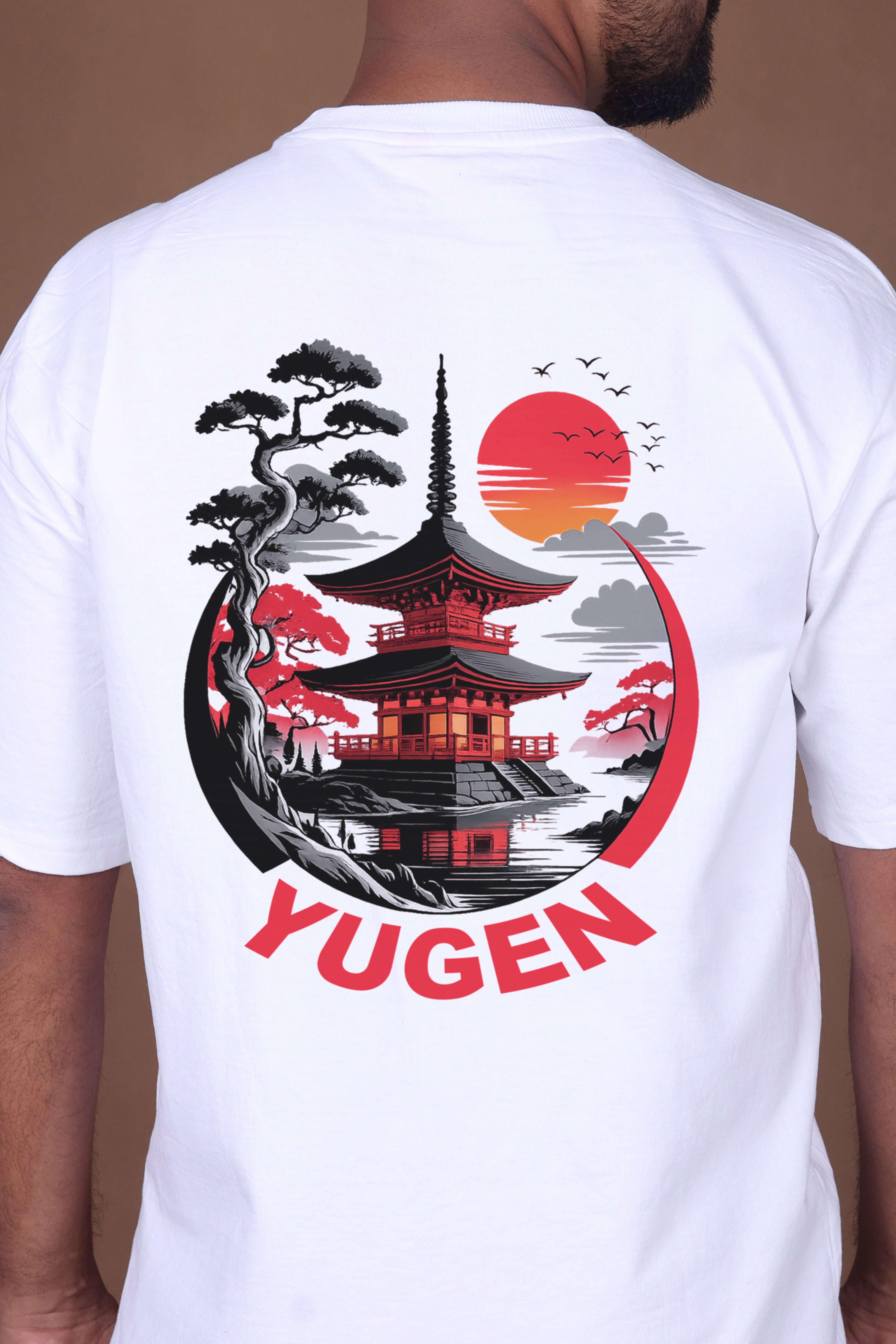 Printed Oversized T-shirt | Sunset Pagoda Graphic Yugen Printed | White T-Shirt