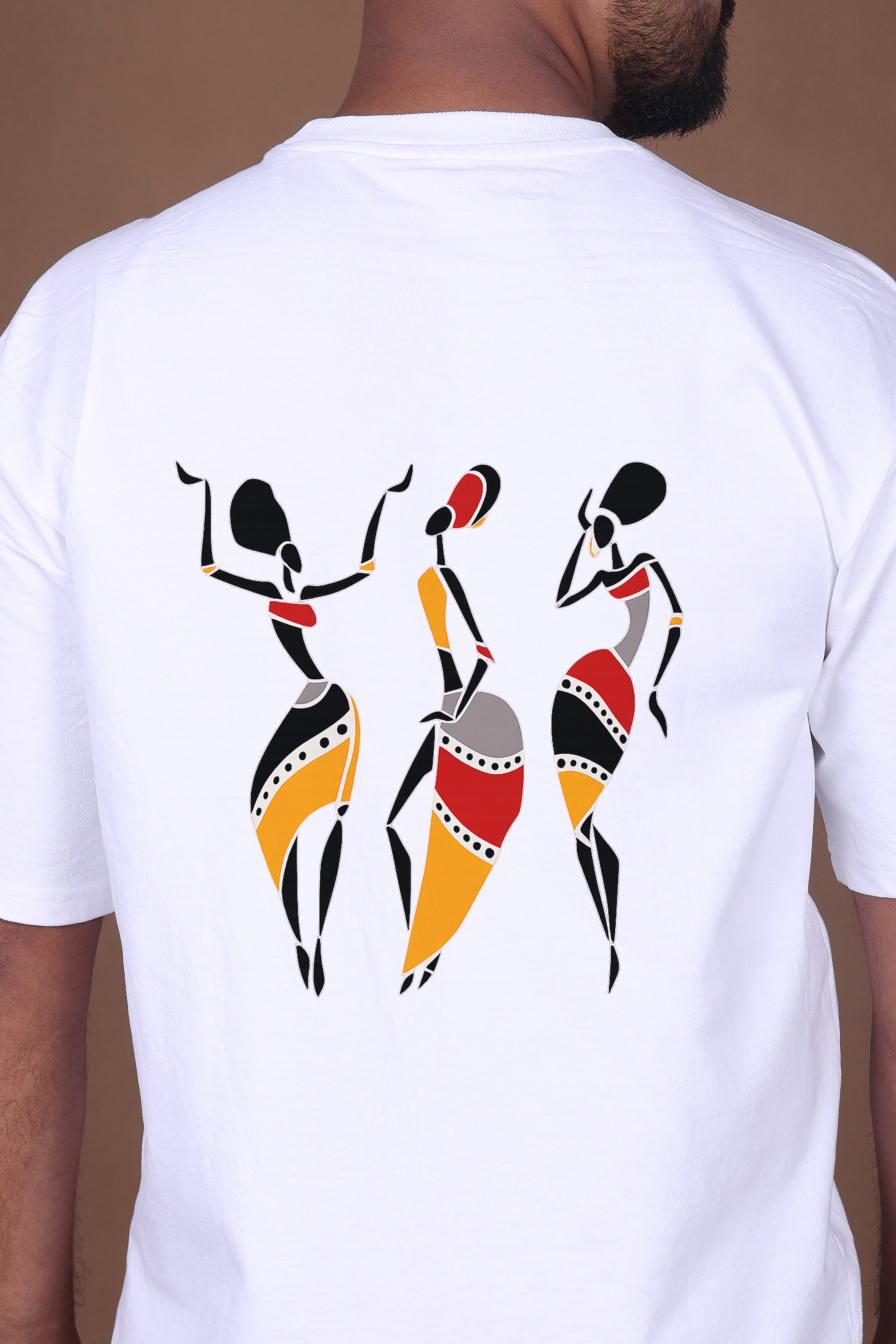 Printed Oversized T-shirt | Tribal Dance Back Print | White T-Shirt