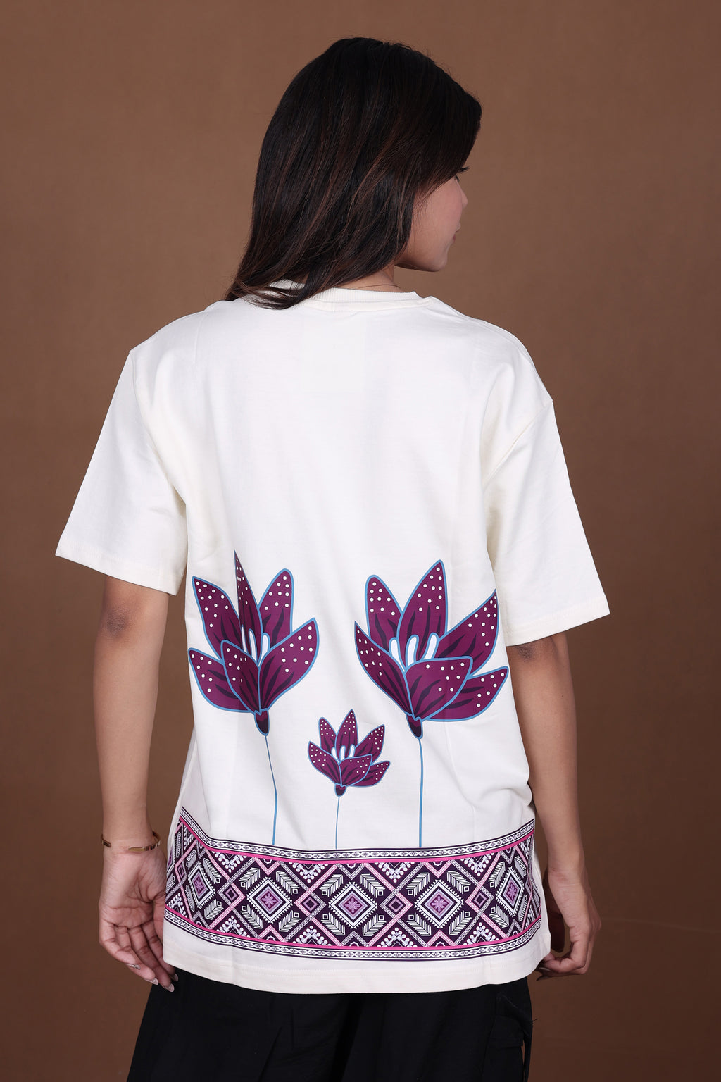 Printed Oversized T-shirt | Ethnic Floral Back Print | Off-White T-Shirt