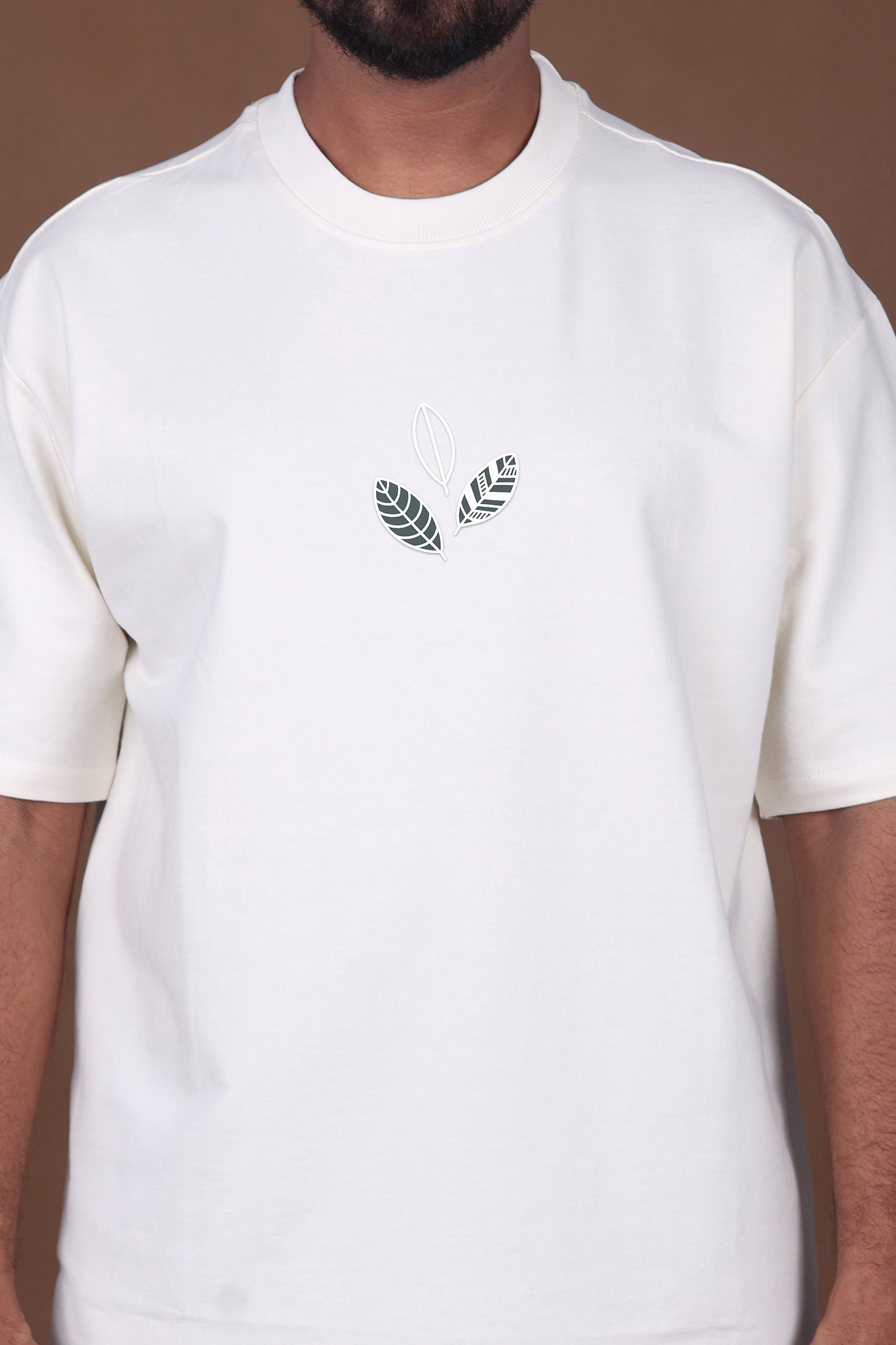 Printed Oversized T-shirt | Cute Cat Leaf Back Print | Off-White T-Shirt