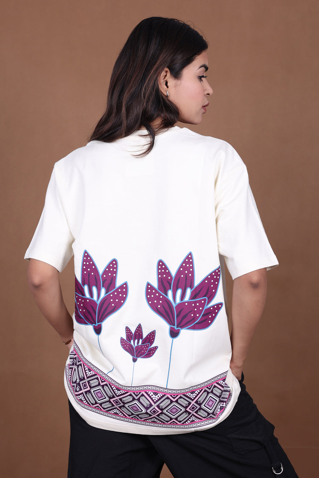 Printed Oversized T-shirt | Ethnic Floral Back Print | Off-White T-Shirt