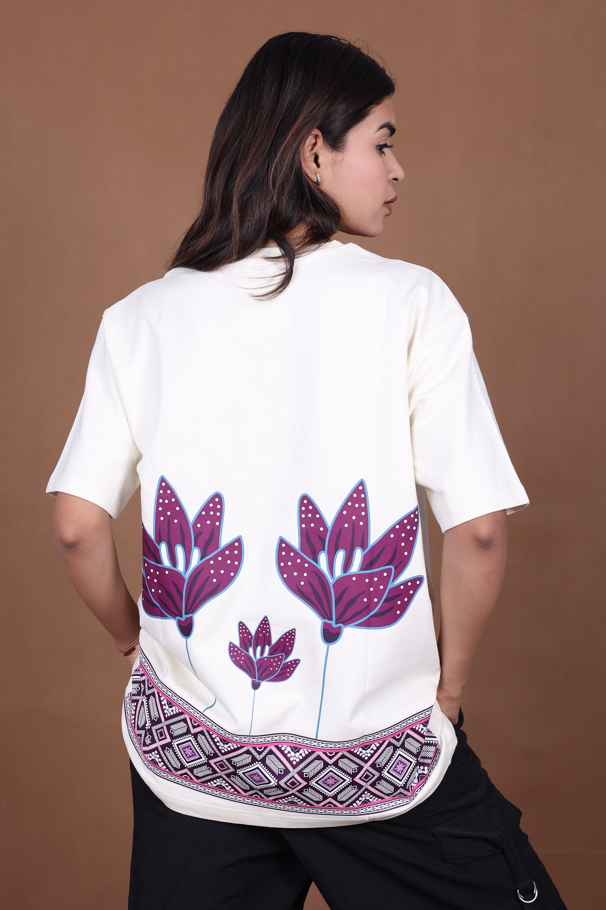 Printed Oversized T-shirt | Ethnic Floral Back Print | Off-White T-Shirt